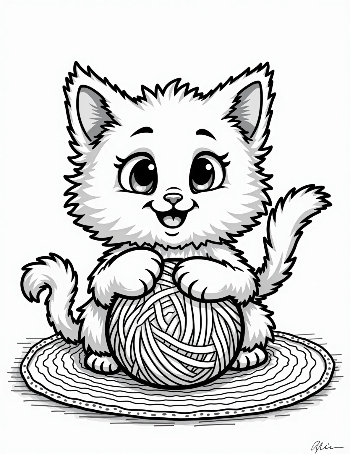 Playful Kitten with Ball of Yarn Coloring Page -- prompt: "black lines only Bold outlines frame an adorable kitten with exaggerated fluffy fur, oversized eyes, and a playful expression. The feline paws at a comically large yarn ball, unraveling strands. A plush rug with simple, wavy patterns fills the background. Perfect for coloring fun! flat black lines, premium coloring page, coloring sheet, line drawing, Coloring Book, NO COLOR, NO SHADING, WHITE BACKGROUND. NO GRAY, BLACK AND WHITE, NO COLOR" -- Pounce into fun with this adorable kitten coloring page. The mischievous cat playing with a ball of yarn captures the irresistible charm of young felines. Great for cat lovers and those who enjoy cute, lighthearted coloring subjects.