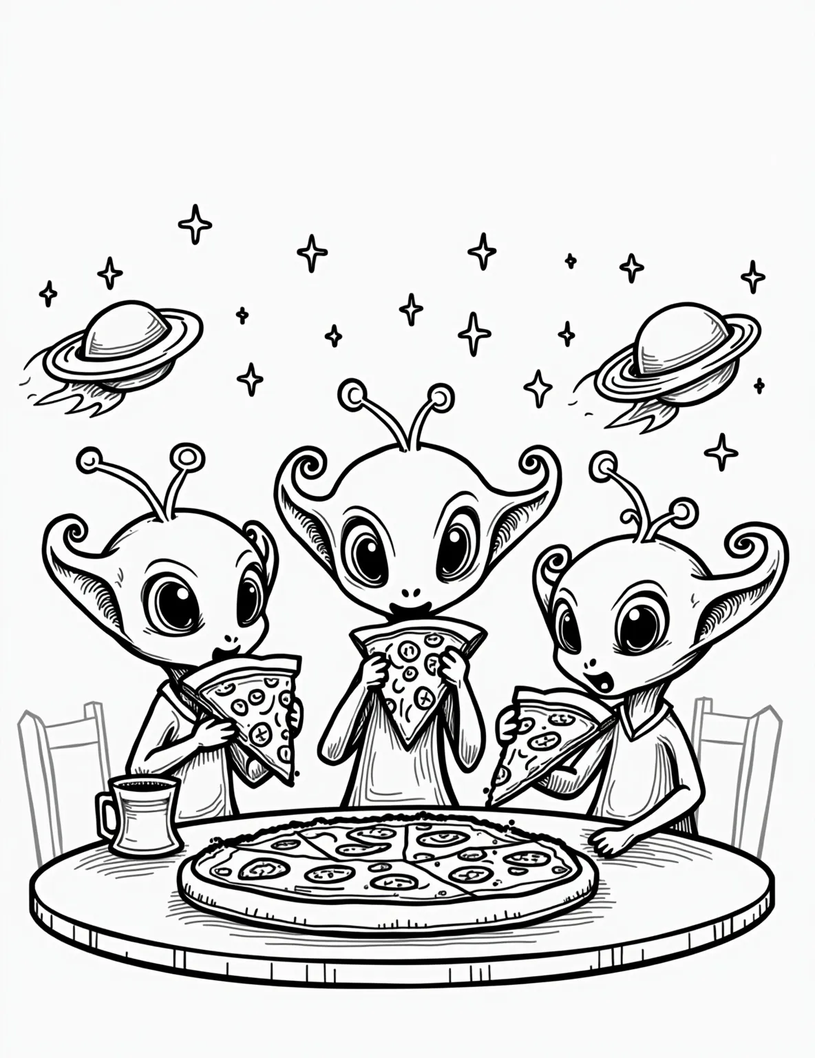 Aliens' Pizza Planet Feast -- prompt: "black lines only Cartoon alien trio with antennae, big eyes, and goofy grins, munching oversized pizza slices. Sitting at a round table in Pizza Planet's retro-futuristic interior. Rocket ships, stars, and planets decorate the walls. Bold outlines, simple shapes, perfect for coloring. Fun space-themed coloring page design. flat black lines, premium coloring page, coloring sheet, line drawing, Coloring Book, NO COLOR, NO SHADING, WHITE BACKGROUND. NO GRAY, BLACK AND WHITE, NO COLOR" -- Join the lovable Little Green Men for a pizza party at Pizza Planet! This adorable coloring page showcases the aliens enjoying slices of pizza amidst the iconic restaurant's space-themed decor. With its blend of cuteness and cosmic fun, this page is sure to delight younger Toy Story enthusiasts.