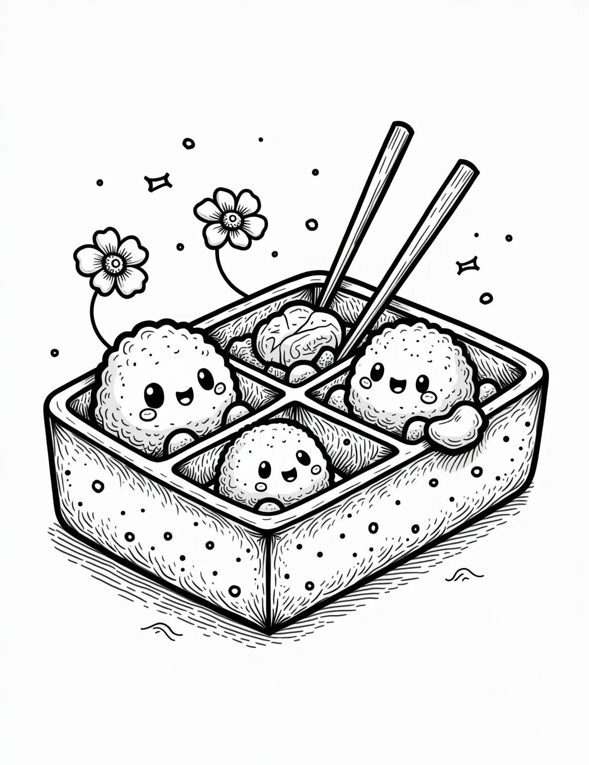 Bento Box Bonanza Coloring Page -- prompt: "black lines only Playful bento box bursting with kawaii Japanese dishes. Sushi rolls grin, rice balls wink, and tempura waves. Compartments form a cheerful maze. Cherry blossoms dance around the edges. Bold outlines invite colorful creativity. Chopsticks stand ready for a delicious adventure. flat black lines, premium coloring page, coloring sheet, line drawing, Coloring Book, NO COLOR, NO SHADING, WHITE BACKGROUND. NO GRAY, BLACK AND WHITE, NO COLOR" -- Dive into the art of Japanese lunch with our Bento Box Bonanza coloring page! This intricate design features a large bento box filled with various compartments of sushi, rice balls, vegetables, and other traditional Japanese foods. It's a cultural and culinary exploration through coloring that's perfect for food enthusiasts.