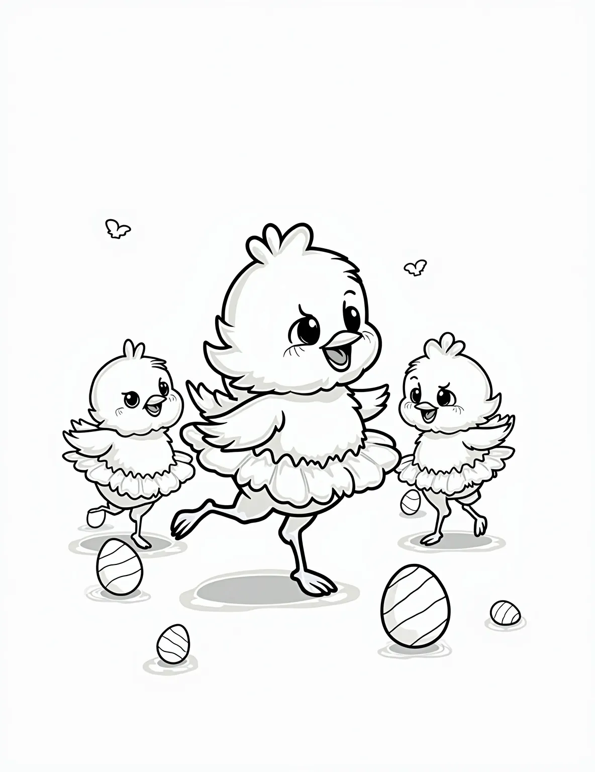 Easter Chick's Ballet Recital -- prompt: "black lines only Adorable baby chicks in fluffy tutus pirouette on an egg-shaped stage. Bold, simple outlines perfect for coloring. Easter eggs as props, scattered around. Cheerful expressions on chicks' faces. Large, clear shapes with minimal details. Playful ballet positions. Fun, easy-to-color design for all ages. flat black lines, premium coloring page, coloring sheet, line drawing, Coloring Book, NO COLOR, NO SHADING, WHITE BACKGROUND. NO GRAY, BLACK AND WHITE, NO COLOR" -- Enjoy a touch of elegance with this charming Easter-themed ballet coloring page. A group of baby chicks perform a spring ballet recital, complete with tutus and Easter egg props. Proud parent hens and a bunny dance instructor watch from the sidelines of this egg-shaped stage.