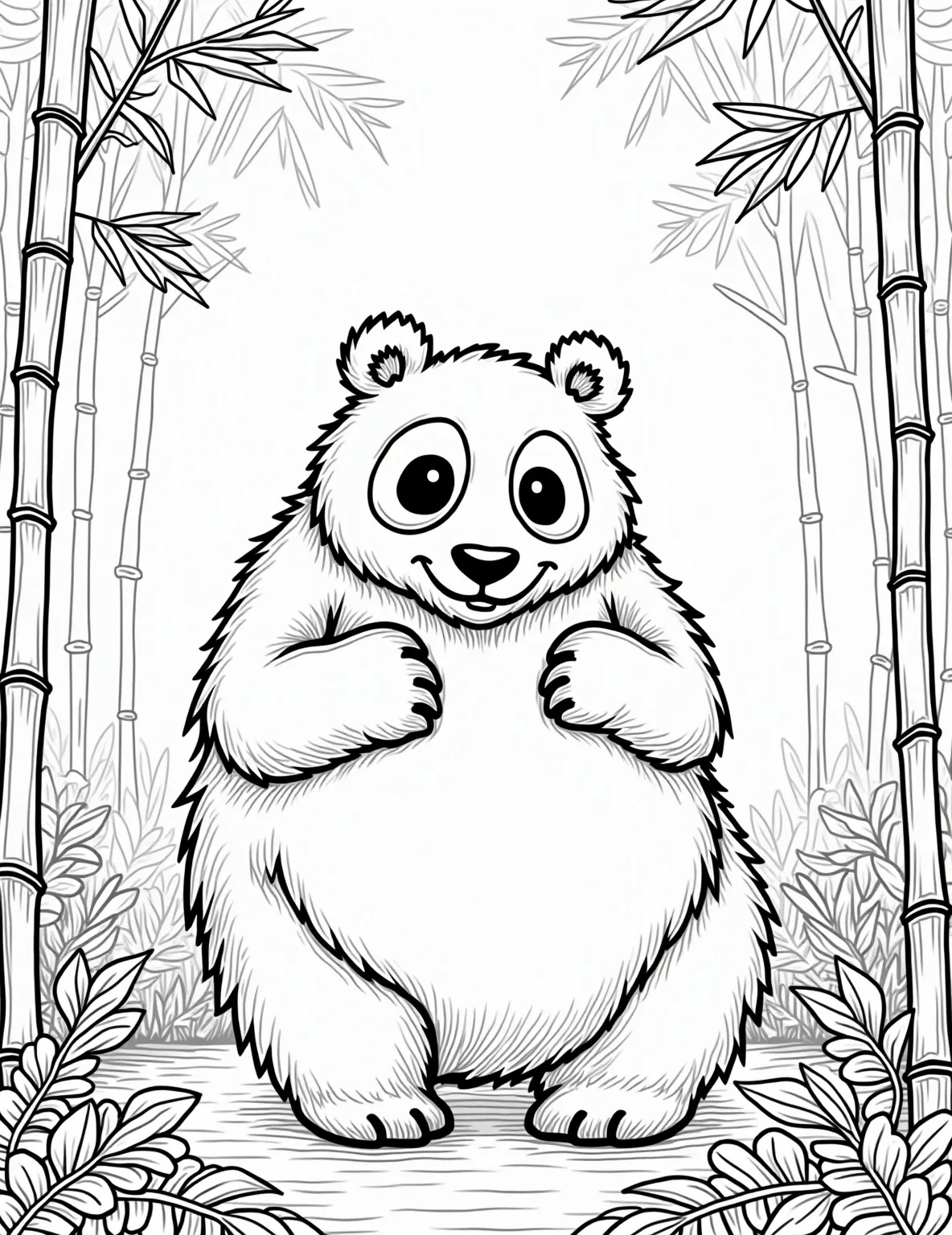 Gentle Giant Panda Munching Bamboo Coloring Page -- prompt: "black lines only Adorable giant panda outline, thick black borders, simple shapes. Bamboo stalks frame scene, misty forest background. Panda's round body, expressive eyes, munching mouth. Leaves and branches create playful patterns. Empty spaces invite coloring creativity. Zen-like atmosphere perfect for relaxing artistic expression. flat black lines, premium coloring page, coloring sheet, line drawing, Coloring Book, NO COLOR, NO SHADING, WHITE BACKGROUND. NO GRAY, BLACK AND WHITE, NO COLOR" -- Embrace tranquility with this endearing panda coloring page. The peaceful scene of a panda enjoying its bamboo meal showcases the simple pleasures of these beloved bears. Ideal for those who appreciate endangered species and Asian wildlife.