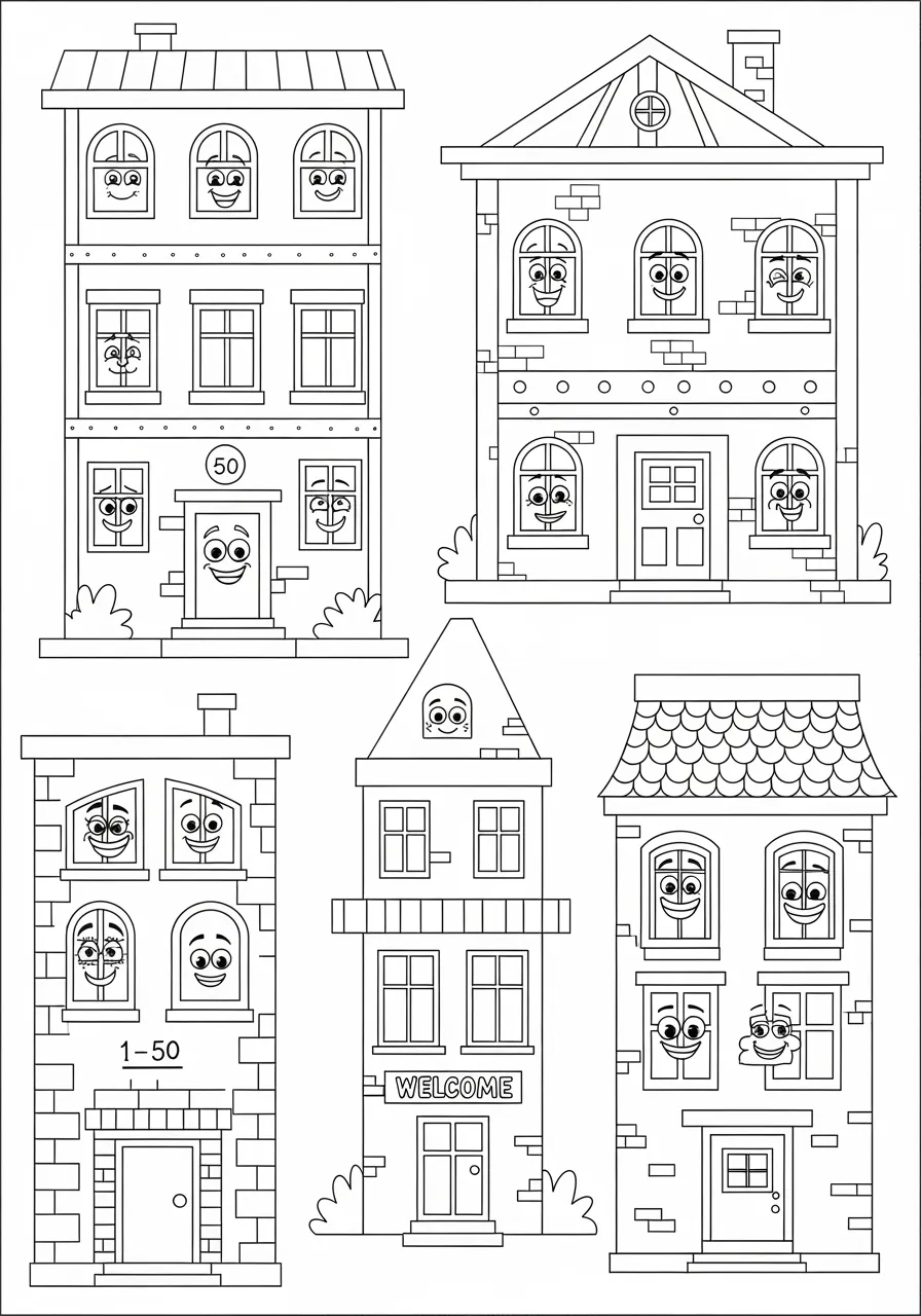 Architectural Number Blueprint Coloring Page -- prompt: "black lines only Cheerful architectural blueprints transformed into playful coloring book pages, featuring cartoon-style buildings with smiling windows, friendly doors, and structural beams numbered 1-50, thick black outlines, simple geometric shapes perfect for children's crayons and markers flat black lines, premium coloring page, coloring sheet, line drawing, Coloring Book, NO COLOR, NO SHADING, WHITE BACKGROUND. NO GRAY, BLACK AND WHITE, NO COLOR" -- Explore the world of architecture through this detailed blueprint-style coloring page featuring building plans with numbers 1 to 50 marking different structural elements. This adult-oriented design showcases the precision and planning required in construction while offering intricate geometric patterns. Each numbered element represents a crucial part of the building process.
