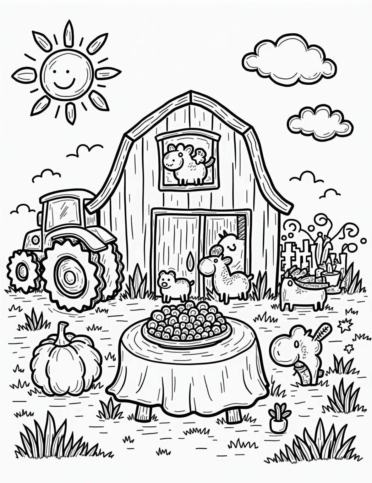 Farm-to-Table Feast Coloring Page -- prompt: "black lines only Playful farm scene with chunky outlines: barn, tractor, animals. Arrows lead to festive table overflowing with food. Bold, simple shapes perfect for coloring. Cheerful sun, fluffy clouds. Doodle-style vegetables connect scenes. Thick lines define each element, inviting creative coloring fun. flat black lines, premium coloring page, coloring sheet, line drawing, Coloring Book, NO COLOR, NO SHADING, WHITE BACKGROUND. NO GRAY, BLACK AND WHITE, NO COLOR" -- Celebrate the journey from farm to table with our Farm-to-Table Feast coloring page! This detailed scene shows a bountiful table spread connected to the farm where the food was grown. It's an educational coloring experience that helps kids understand the origins of their food.