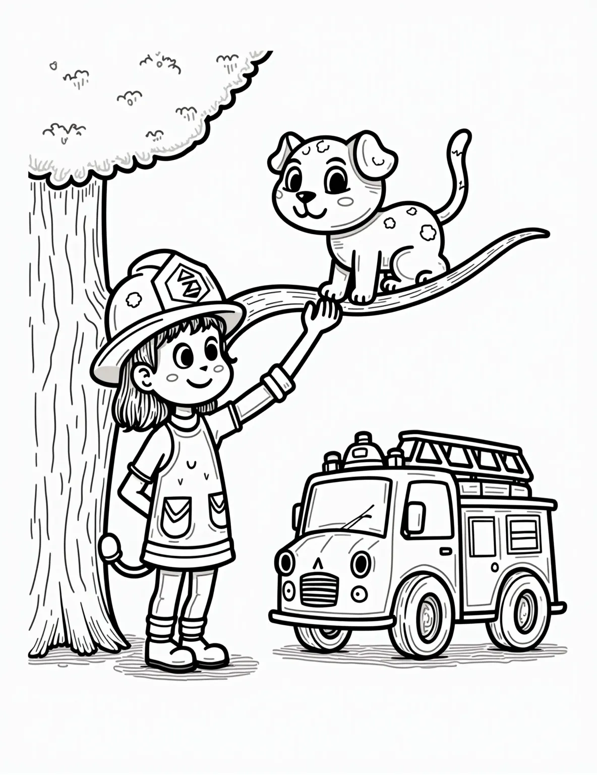 Firefighter Girl's Brave Rescue -- prompt: "black lines only Bold outlines frame a courageous girl firefighter, her helmet adorned with a dalmatian pattern. She stretches towards a fluffy cat perched on a twisting tree branch. A cartoonish fire truck with oversized wheels stands ready. Simple shapes and thick lines create an engaging coloring page for young artists. flat black lines, premium coloring page, coloring sheet, line drawing, Coloring Book, NO COLOR, NO SHADING, WHITE BACKGROUND. NO GRAY, BLACK AND WHITE, NO COLOR" -- Honor bravery with this inspiring firefighter girl coloring page. Our young hero is shown rescuing a cat from a tree, wearing full firefighter gear. A fire truck in the background adds an exciting element to the scene.