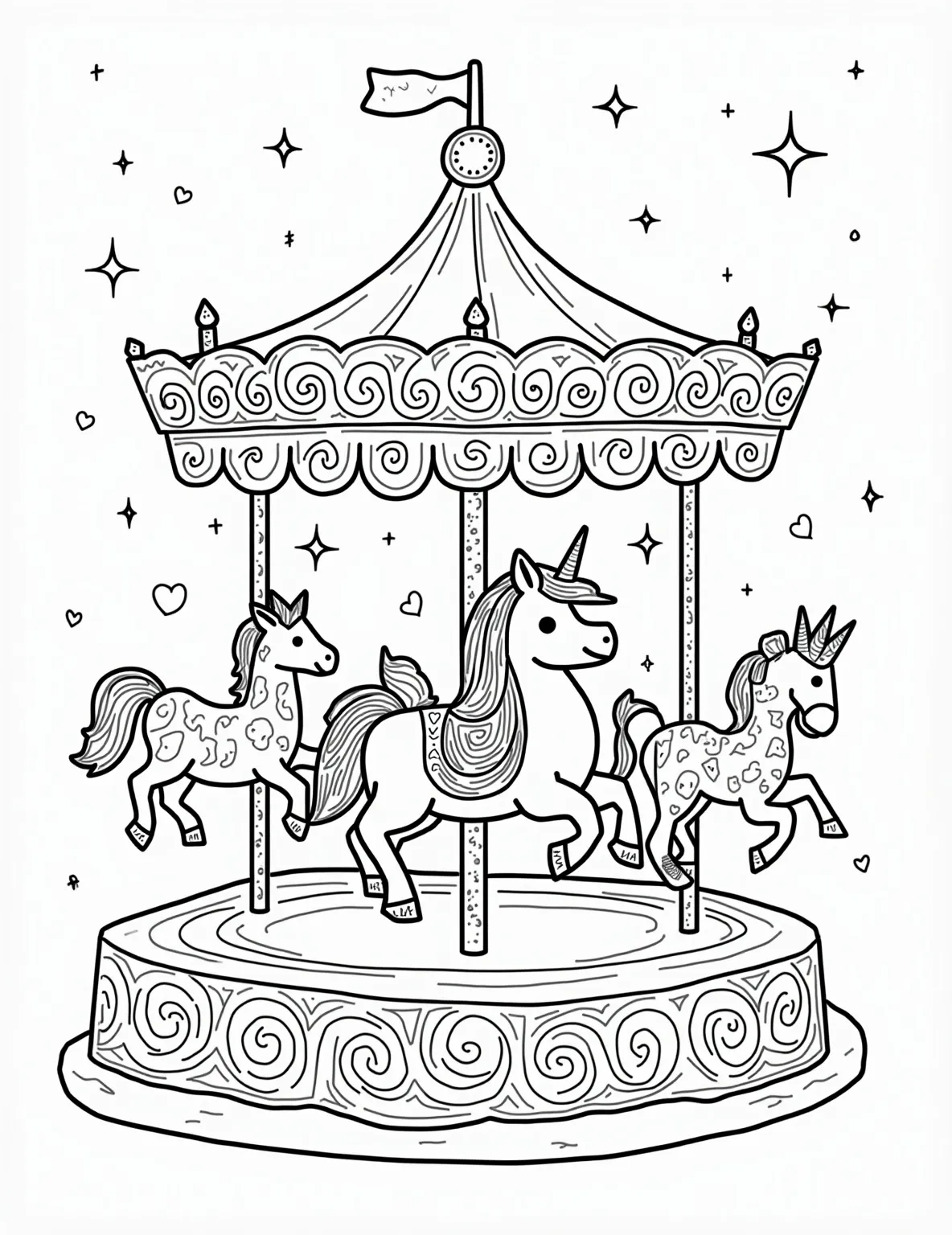 Unicorn's Enchanted Carousel Ride -- prompt: "black lines only Playful unicorn with flowing mane on carousel, surrounded by smiling elephant, giraffe, and lion. Bold outlines define each animal's shape. Swirling patterns adorn the carousel poles. Stars and hearts scattered throughout. Empty spaces invite coloring creativity. Joyful, whimsical scene perfect for children's coloring book page. flat black lines, premium coloring page, coloring sheet, line drawing, Coloring Book, NO COLOR, NO SHADING, WHITE BACKGROUND. NO GRAY, BLACK AND WHITE, NO COLOR" -- This magical coloring page features a unicorn as part of a merry-go-round carousel. The carousel has simple, geometric shapes for easy coloring, with other carousel animals like a horse and a lion. Toddlers will delight in bringing this whimsical fairground scene to life with vibrant colors.