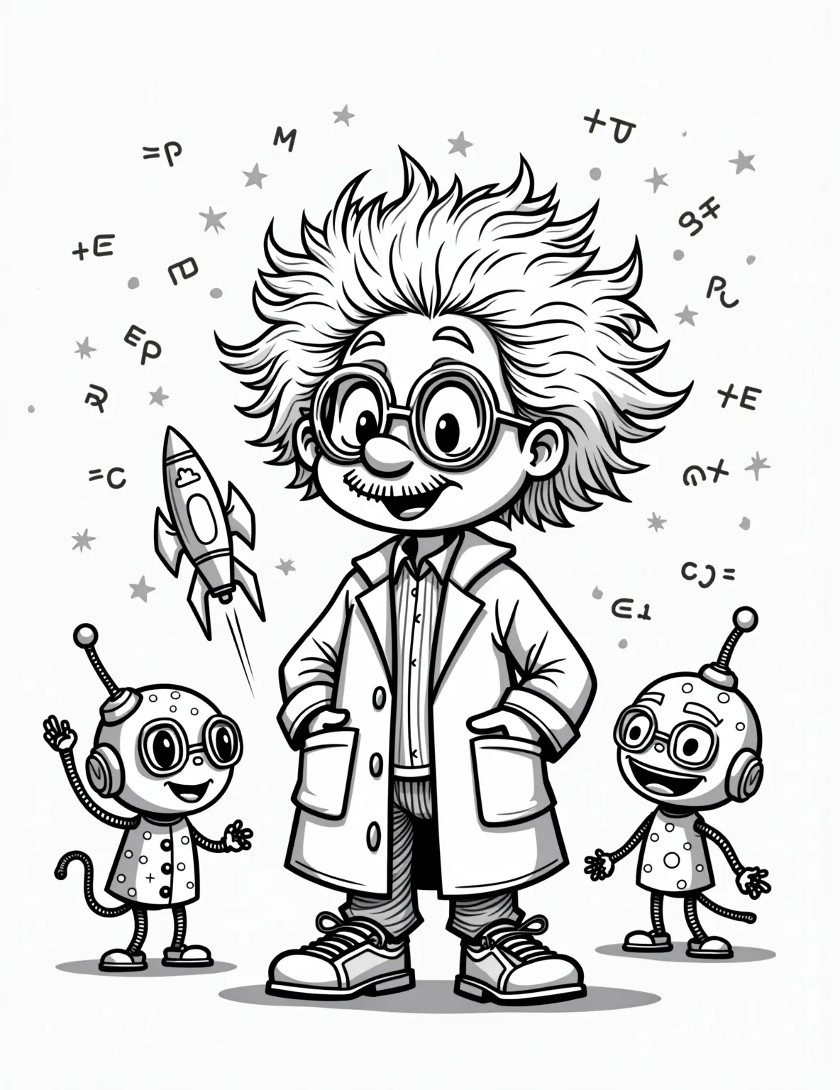 Rocket Scientist Boy Genius Coloring Page -- prompt: "black lines only Cartoon boy genius with spiky hair, oversized glasses, and lab coat. Backyard lab filled with quirky gadgets, bubbling beakers, and swirling equations. Rocket with polka-dot fins and star-shaped windows. Playful robots assist. Bold outlines, simple shapes, empty spaces for coloring. flat black lines, premium coloring page, coloring sheet, line drawing, Coloring Book, NO COLOR, NO SHADING, WHITE BACKGROUND. NO GRAY, BLACK AND WHITE, NO COLOR" -- This coloring page features a brilliant young boy working on a futuristic rocket in his backyard laboratory. The scene is filled with intricate gadgets, tools, and scientific equations floating around him. It's perfect for inspiring young minds to dream big and pursue their passion for science and space exploration.