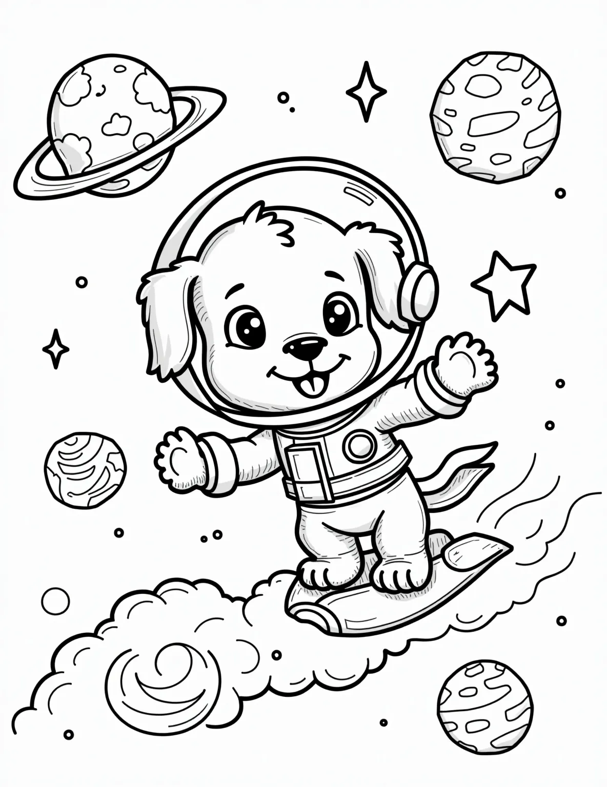 Puppy Astronaut in Space Coloring Page -- prompt: "black lines only Adorable puppy astronaut, wide-eyed and playful, floats in starry space. Simple outlines perfect for coloring. Chunky rocket ship, swirling planets, and twinkling stars surround. Spacesuit has oversized paws and floppy ears. Moon and Earth visible. Cheerful, child-friendly scene inspires imagination. flat black lines, premium coloring page, coloring sheet, line drawing, Coloring Book, NO COLOR, NO SHADING, WHITE BACKGROUND. NO GRAY, BLACK AND WHITE, NO COLOR" -- Blast off with this out-of-this-world puppy coloring page! An adventurous pup floats in space, wearing a cute astronaut suit. Stars, planets, and a rocket ship surround our canine cosmonaut, making for an interstellar coloring experience.