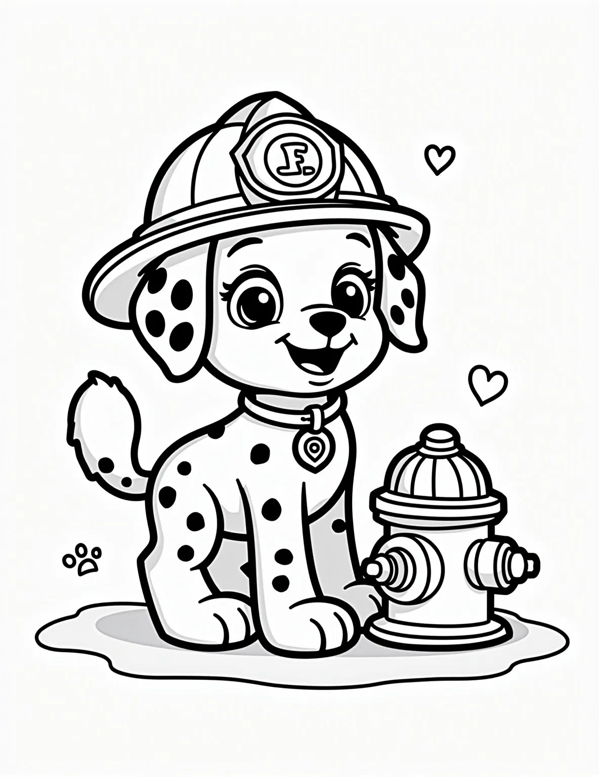 Brave Puppy Firefighter Coloring Page -- prompt: "black lines only Adorable Dalmatian puppy donning oversized firefighter helmet, tail wagging excitedly. Standing proudly beside red fire hydrant, holding tiny hose. Bold outlines, simple shapes. Large, empty spaces for coloring. Cheerful scene with floating hearts and paw prints. Playful firefighting theme for children's coloring book page. flat black lines, premium coloring page, coloring sheet, line drawing, Coloring Book, NO COLOR, NO SHADING, WHITE BACKGROUND. NO GRAY, BLACK AND WHITE, NO COLOR" -- Here's an exciting coloring page for aspiring heroes! A courageous puppy wears a firefighter hat and stands next to a fire hydrant. With a determined expression and a small hose in paw, this pup is ready to save the day.