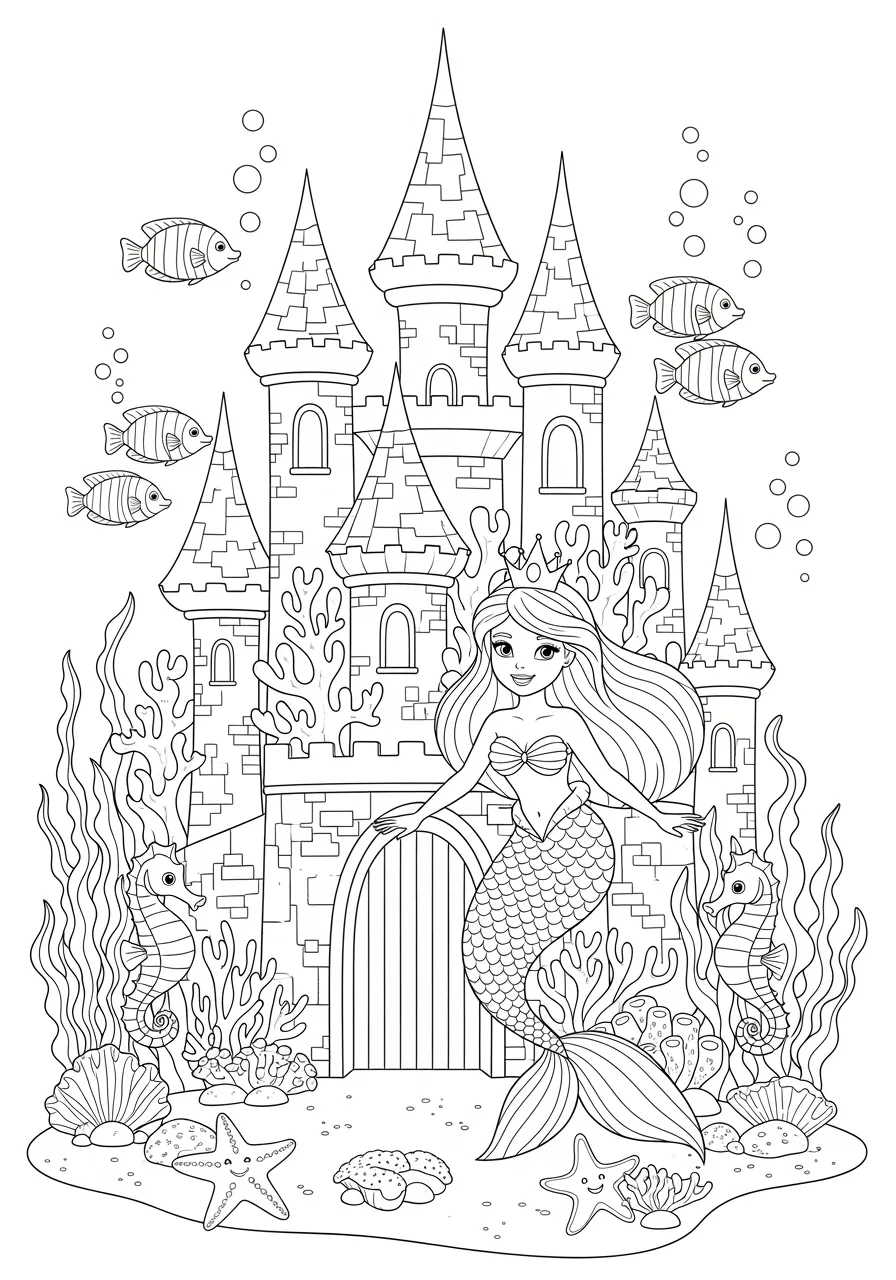 Mermaid Princess's Coral Palace Adventure Coloring Page -- prompt: "black lines only Smiling mermaid princess with flowing hair and scaled tail poses gracefully before towering coral palace featuring arched doorways, spiral towers. Friendly seahorses, starfish, tropical fish swim around swaying kelp forests, anemones. Bold outlines, simple shapes perfect for coloring. flat black lines, premium coloring page, coloring sheet, line drawing, Coloring Book, NO COLOR, NO SHADING, WHITE BACKGROUND. NO GRAY, BLACK AND WHITE, NO COLOR" -- Explore an underwater kingdom with this enchanting palace scene featuring a mermaid princess. The intricate coral castle is surrounded by sea plants and small fish swimming nearby. This detailed coloring page offers plenty of opportunities for creative color choices and fine motor skill development.