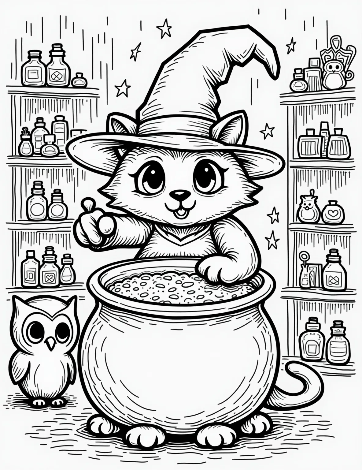 Cat's Magical Potion Shop Coloring Page -- prompt: "black lines only Adorable feline wizard, oversized pointy hat, stirring cauldron. Shelves lined with potion bottles, spell books, wands. Bubbling concoctions, floating stars, magic wands. Simple outlines, bold shapes, thick borders. Enchanted shop interior, mystical symbols, friendly familiar creatures. Coloring book style flat black lines, premium coloring page, coloring sheet, line drawing, Coloring Book, NO COLOR, NO SHADING, WHITE BACKGROUND. NO GRAY, BLACK AND WHITE, NO COLOR" -- Step into a world of wonder with this enchanting scene of a cat running a magical potion shop. Surrounded by bubbling cauldrons, mystical ingredients, and spell books, this wise feline captures the essence of fantasy and magic. This intricate page is perfect for adults who enjoy detailed, whimsical coloring experiences.