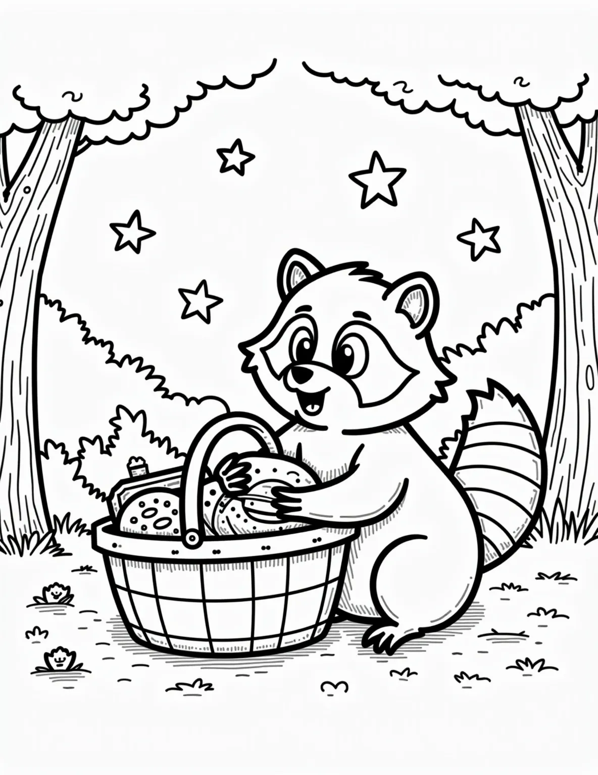 Raccoon's Midnight Snack -- prompt: "black lines only Playful raccoon, wide-eyed and grinning, snatches sandwich from picnic basket. Moonlit night scene with starry sky. Thick outlines, simple shapes. Basket overflowing with food. Trees frame background. Raccoon's tail swishes mischievously. Empty spaces invite coloring creativity. Fun coloring book style coloring page. flat black lines, premium coloring page, coloring sheet, line drawing, Coloring Book, NO COLOR, NO SHADING, WHITE BACKGROUND. NO GRAY, BLACK AND WHITE, NO COLOR" -- A mischievous raccoon is caught red-handed raiding a picnic basket in this amusing coloring page. Its masked face and ringed tail are full of character. The moonlit background and scattered picnic items add interesting details to color.