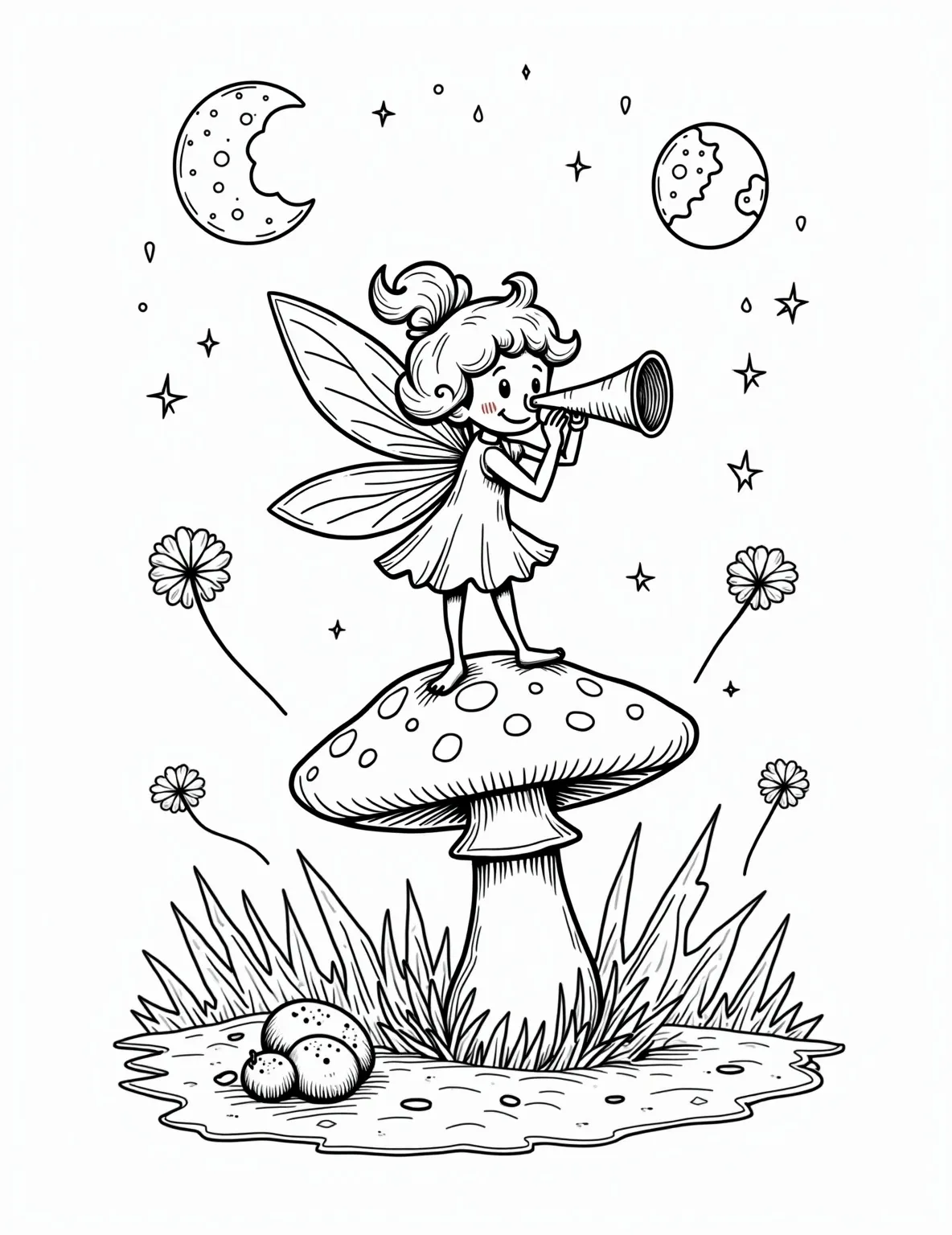 Fairy Astronomer's Night Sky Coloring Page -- prompt: "black lines only Whimsical fairy with gossamer wings, perched on toadstool, peering through leaf telescope. Starry sky backdrop with constellations, moon phases. Fireflies, dandelion puffs float nearby. Thick outlines, simple shapes perfect for coloring. Enchanted forest floor, mushroom ring surrounds. Magical, child-friendly scene for coloring book fun. flat black lines, premium coloring page, coloring sheet, line drawing, Coloring Book, NO COLOR, NO SHADING, WHITE BACKGROUND. NO GRAY, BLACK AND WHITE, NO COLOR" -- Reach for the stars with this magical fairy astronomer coloring page. Our scholarly fairy gazes through a telescope made of a rolled leaf, charting constellations. This page combines fairy whimsy with a touch of scientific curiosity.