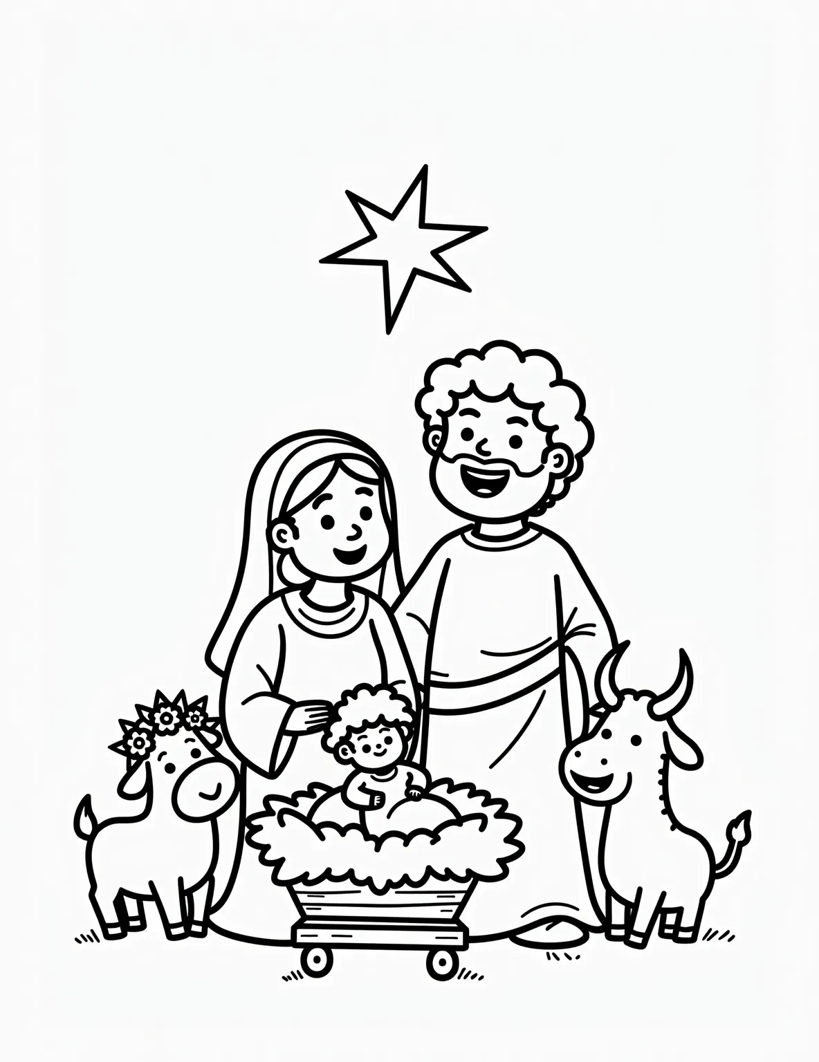 Nativity Scene Coloring Page -- prompt: "black lines only Charming line-art Nativity scene for coloring. Mary and Joseph gaze lovingly at baby Jesus in manger. Fluffy sheep, curious donkey, and gentle cow surround them. Above, a bold Star of Bethlehem shines. Simple shapes with thick outlines perfect for coloring. flat black lines, premium coloring page, coloring sheet, line drawing, Coloring Book, NO COLOR, NO SHADING, WHITE BACKGROUND. NO GRAY, BLACK AND WHITE, NO COLOR" -- Reflect on the religious meaning of Christmas with this beautiful Nativity scene coloring page. The page depicts Mary, Joseph, and baby Jesus in the manger, surrounded by animals and guided by the Star of Bethlehem. It's a great way to teach children about the origins of Christmas.