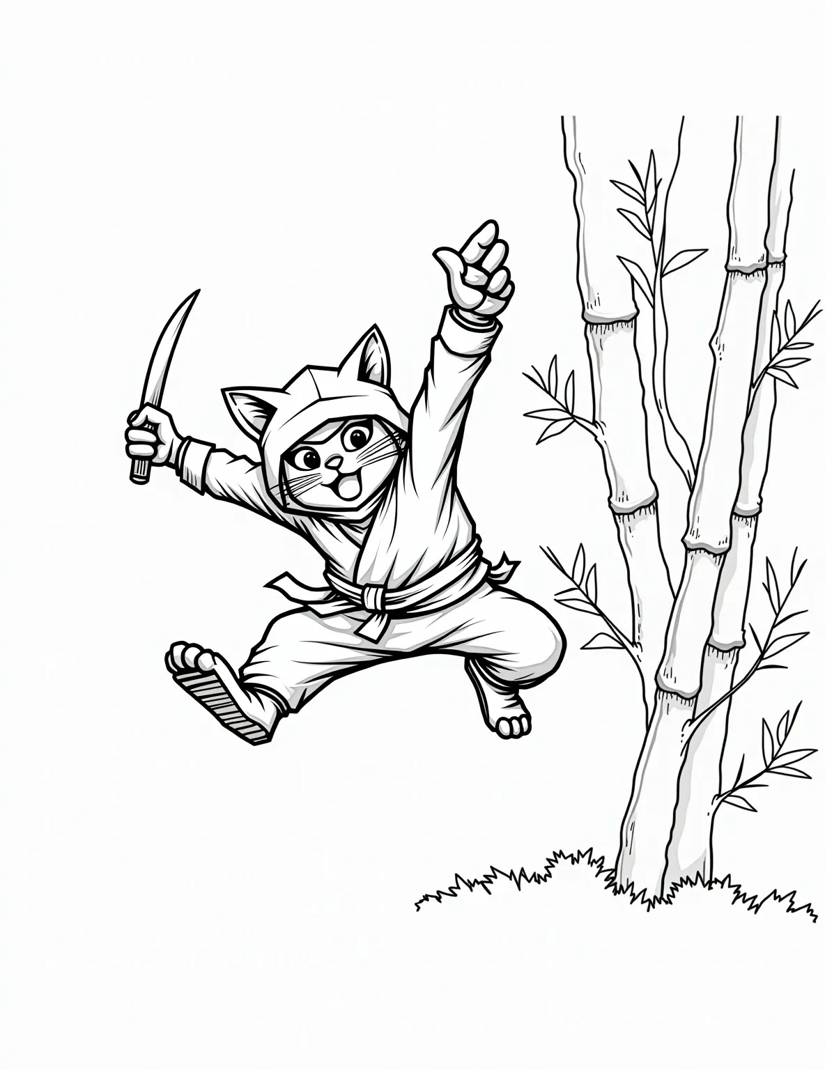 Ninja Cat in Action Coloring Page -- prompt: "black lines only Playful coloring page featuring a ninja cat mid-leap. Bold, thick outlines define feline form, whiskers, and expressive eyes. Shuriken stars and nunchucks surround. Bamboo forest background with simple shapes. Empty spaces invite creative coloring. Zen-like balance of action and stillness. flat black lines, premium coloring page, coloring sheet, line drawing, Coloring Book, NO COLOR, NO SHADING, WHITE BACKGROUND. NO GRAY, BLACK AND WHITE, NO COLOR" -- Unleash your inner warrior with this dynamic ninja cat design. The page showcases a cat in full ninja gear, striking a dramatic martial arts pose. It's an exciting choice for those who enjoy action-packed, cartoon cat coloring templates with a touch of humor.