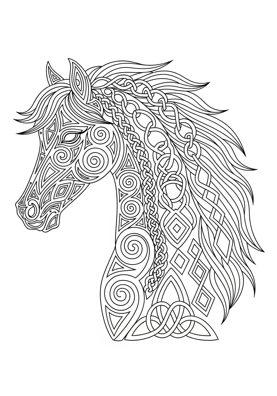 Intricate Celtic Knotwork Horse Coloring Page -- prompt: "black lines only Majestic stallion outline bursting with bold Celtic spirals, braided knots, and geometric triangles filling every curve. Flowing mane contains interconnected circles and diamond patterns. Clean black lines on white background create engaging coloring book adventure for artistic exploration and creative expression. flat black lines, premium coloring page, coloring sheet, line drawing, Coloring Book, NO COLOR, NO SHADING, WHITE BACKGROUND. NO GRAY, BLACK AND WHITE, NO COLOR" -- This sophisticated adult coloring page showcases a magnificent horse filled with elaborate Celtic knot patterns and intricate geometric designs. The flowing mane and proud stance are enhanced by detailed traditional motifs that create a meditative coloring experience. Horse enthusiasts and pattern lovers will find hours of relaxing creativity in this complex design.