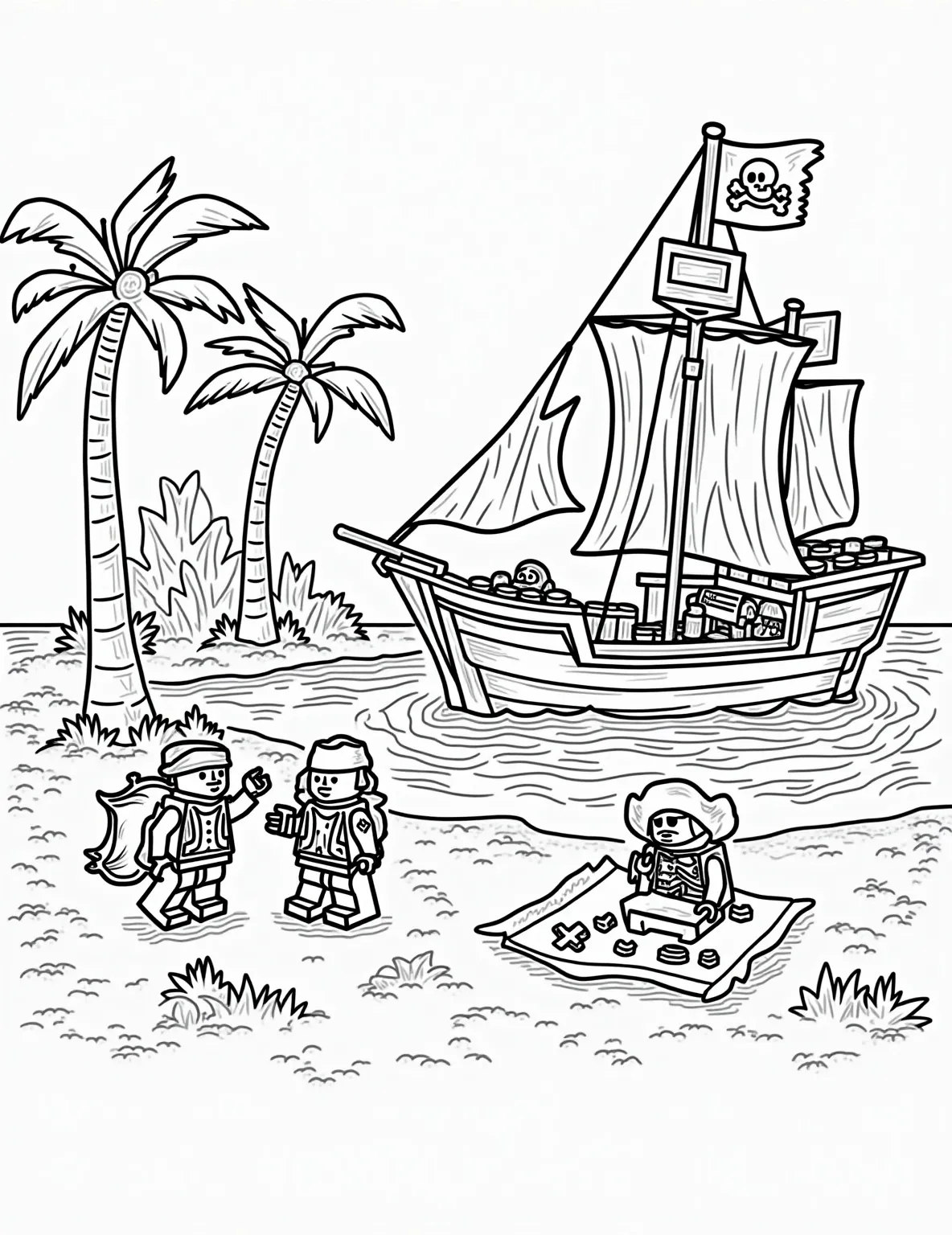 Lego Pirate's Cove Coloring Page -- prompt: "black lines only Playful Lego pirate's cove coloring page. Bold outlines frame a bustling scene: swashbuckling minifigures, palm trees with chunky leaves, X-marked treasure map. Pirate ship's sails billow, cannons peek out. Dotted lines guide young colorists through sandy shores and foamy waves. Cheerful skull-and-crossbones flag flutters atop a blocky crow's nest. flat black lines, premium coloring page, coloring sheet, line drawing, Coloring Book, NO COLOR, NO SHADING, WHITE BACKGROUND. NO GRAY, BLACK AND WHITE, NO COLOR" -- Set sail for adventure with this exciting Lego pirate's cove coloring page. The scene features a hidden pirate's lair with a Lego pirate ship anchored nearby, surrounded by palm trees, buried treasure, and swashbuckling minifigures. This page offers a perfect blend of action and detail, making it an ideal choice for young buccaneers and adult coloring enthusiasts alike.