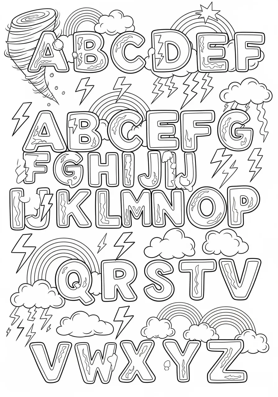 Whimsical Weather Alphabet Storm Coloring Page -- prompt: "black lines only Fun coloring book page featuring bold outlined weather alphabet letters: tornado spirals forming A-Z, zigzag lightning bolts, puffy storm clouds, and curved rainbows with thick black borders, simple cartoon style, cheerful educational design for children flat black lines, premium coloring page, coloring sheet, line drawing, Coloring Book, NO COLOR, NO SHADING, WHITE BACKGROUND. NO GRAY, BLACK AND WHITE, NO COLOR" -- Experience nature's power with this dynamic coloring page where weather phenomena shape each letter of the alphabet! Swirling tornadoes form spiraled letters, lightning bolts create zigzag patterns, and rainbow arcs curve into colorful characters. This exciting page teaches meteorology alongside the alphabet, perfect for kids fascinated by storms, sunshine, and everything in between while learning about weather safety.