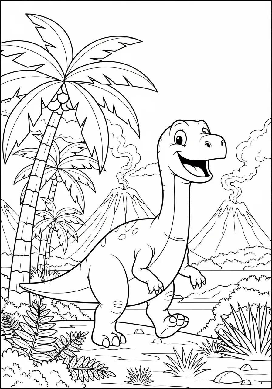 Massive Argentinosaurus Walking Across Landscape Coloring Page -- prompt: "black lines only Cheerful cartoon Argentinosaurus with friendly smile walking across prehistoric plains, surrounded by palm trees, ferns, and volcanic mountains, simple bold outlines perfect for coloring, playful dinosaur adventure scene with clear black lines flat black lines, premium coloring page, coloring sheet, line drawing, Coloring Book, NO COLOR, NO SHADING, WHITE BACKGROUND. NO GRAY, BLACK AND WHITE, NO COLOR" -- Experience the awe-inspiring size of one of the largest land animals ever to exist as this colossal Argentinosaurus moves majestically across the prehistoric landscape. The sheer scale of this titanosaur is emphasized by the surrounding environment and smaller details that show its incredible proportions. This challenging coloring page is perfect for those who want to tackle something truly monumental.