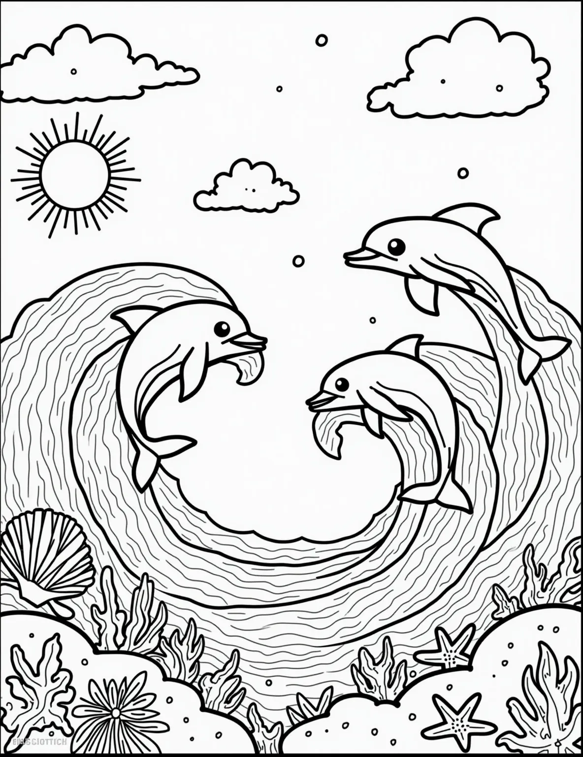 Playful Dolphins Leaping Waves Coloring Page -- prompt: "black lines only Playful dolphins leap gracefully through stylized ocean waves, their sleek bodies outlined in bold black strokes. Simplified sun rays and fluffy clouds decorate the sky. Perfect for coloring, this whimsical scene captures marine joy in clean, sweeping lines and geometric shapes. flat black lines, premium coloring page, coloring sheet, line drawing, Coloring Book, NO COLOR, NO SHADING, WHITE BACKGROUND. NO GRAY, BLACK AND WHITE, NO COLOR" -- Dive into fun with this dynamic dolphin coloring page. The joyful pod of dolphins jumping from the waves brings the excitement of ocean life to your fingertips. Great for marine life enthusiasts and those who enjoy action-filled scenes.