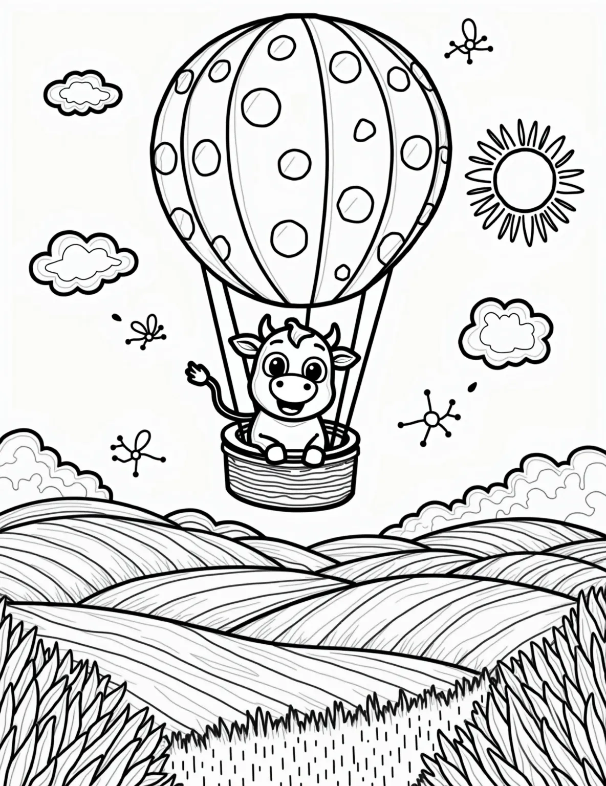 Cow in a Hot Air Balloon -- prompt: "black lines only Playful cow steering a polka-dotted hot air balloon, soaring above patchwork fields. Thick black outlines define cartoon shapes. Fluffy clouds, smiling sun, and cheerful farm animals dot the landscape. Empty spaces invite coloration. Balloon strings dangle, creating fun patterns to fill in. flat black lines, premium coloring page, coloring sheet, line drawing, Coloring Book, NO COLOR, NO SHADING, WHITE BACKGROUND. NO GRAY, BLACK AND WHITE, NO COLOR" -- This whimsical scene depicts a cow riding in a hot air balloon high above the countryside. The balloon is decorated with a cow print pattern, and the cow looks excited about its adventure. It's a delightful way to combine farm life with travel and exploration.