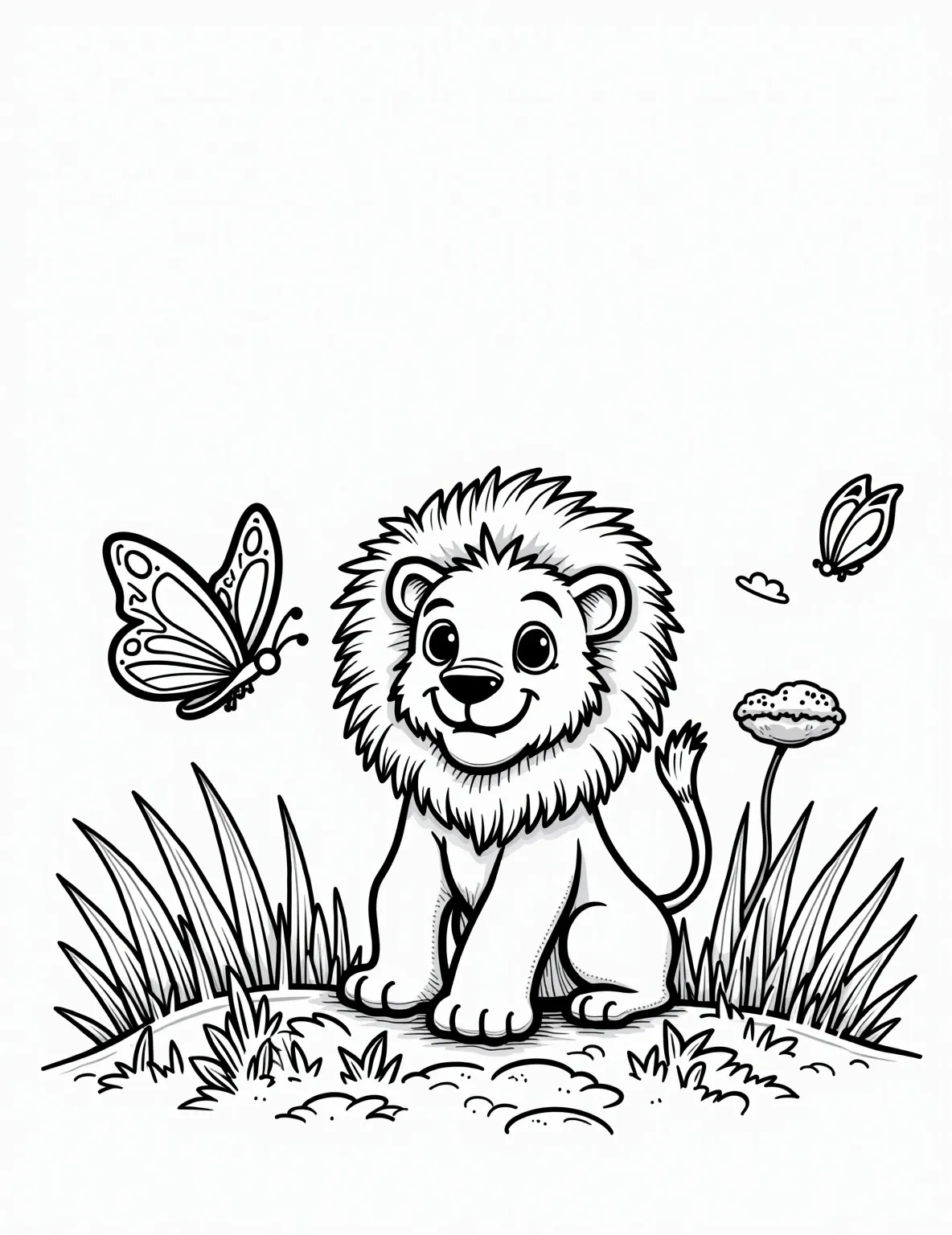 Lion Cub Playing with a Butterfly -- prompt: "black lines only Adorable lion cub with fluffy mane outline, pouncing playfully at delicate butterfly silhouette. Simple, bold shapes in grassy savanna setting. Large, clean linework perfect for coloring. Joyful scene with hidden African animals scattered throughout. Cheerful, educational design for children's coloring book page. flat black lines, premium coloring page, coloring sheet, line drawing, Coloring Book, NO COLOR, NO SHADING, WHITE BACKGROUND. NO GRAY, BLACK AND WHITE, NO COLOR" -- This adorable coloring page depicts a curious lion cub playing with a fluttering butterfly. The cub's playful pounce and wide-eyed expression capture the innocence of young animals. The delicate butterfly provides a nice contrast to the cub's fluffy form.