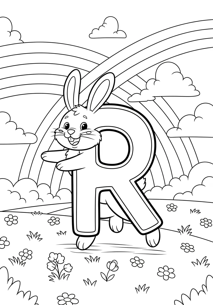 Racing Rabbit's Rainbow Run Coloring Page -- prompt: "black lines only Cheerful cartoon rabbit contorting its body into perfect letter R shape, bouncing energetically across rolling meadow beneath bold rainbow arcs, fluffy cumulus clouds floating overhead, thick black outlines, simple geometric patterns, child-friendly coloring book illustration style flat black lines, premium coloring page, coloring sheet, line drawing, Coloring Book, NO COLOR, NO SHADING, WHITE BACKGROUND. NO GRAY, BLACK AND WHITE, NO COLOR" -- Speed into alphabet learning with this dynamic 'R' coloring page featuring a rabbit mid-sprint! The rabbit's running form creates the letter R as it races beneath a colorful rainbow. This energetic scene celebrates both physical activity and the beauty of weather phenomena, perfect for active kids who love outdoor adventures.
