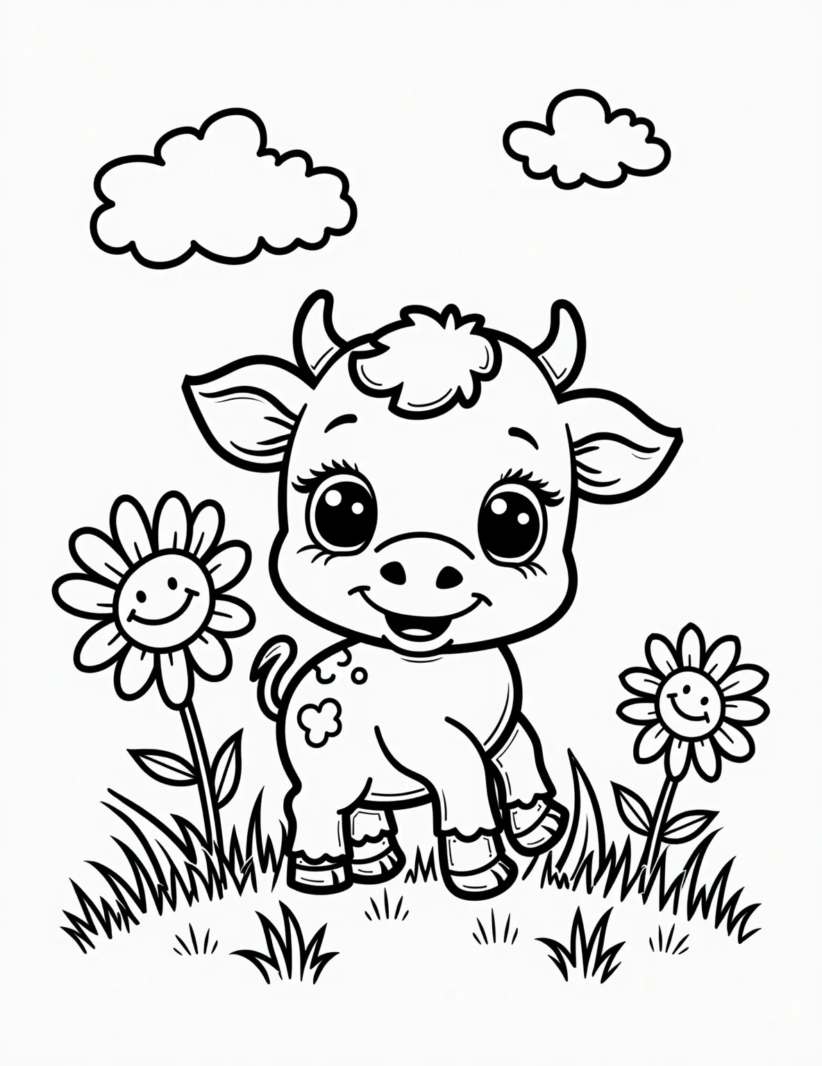 Playful Calf in a Daisy Field -- prompt: "black lines only Adorable baby cow with big eyes and floppy ears frolics amid oversized, smiling daisies. Fluffy clouds float in sky. Bold, thick outlines define shapes. Simple, clean design perfect for coloring. Playful scene evokes joy and childhood nostalgia. Grass blades dance around cow's hooves. flat black lines, premium coloring page, coloring sheet, line drawing, Coloring Book, NO COLOR, NO SHADING, WHITE BACKGROUND. NO GRAY, BLACK AND WHITE, NO COLOR" -- This adorable coloring page features a young calf frolicking in a field of daisies. The calf's big eyes and cute expression will captivate young artists. The background is filled with simple daisy outlines, perfect for adding pops of color.