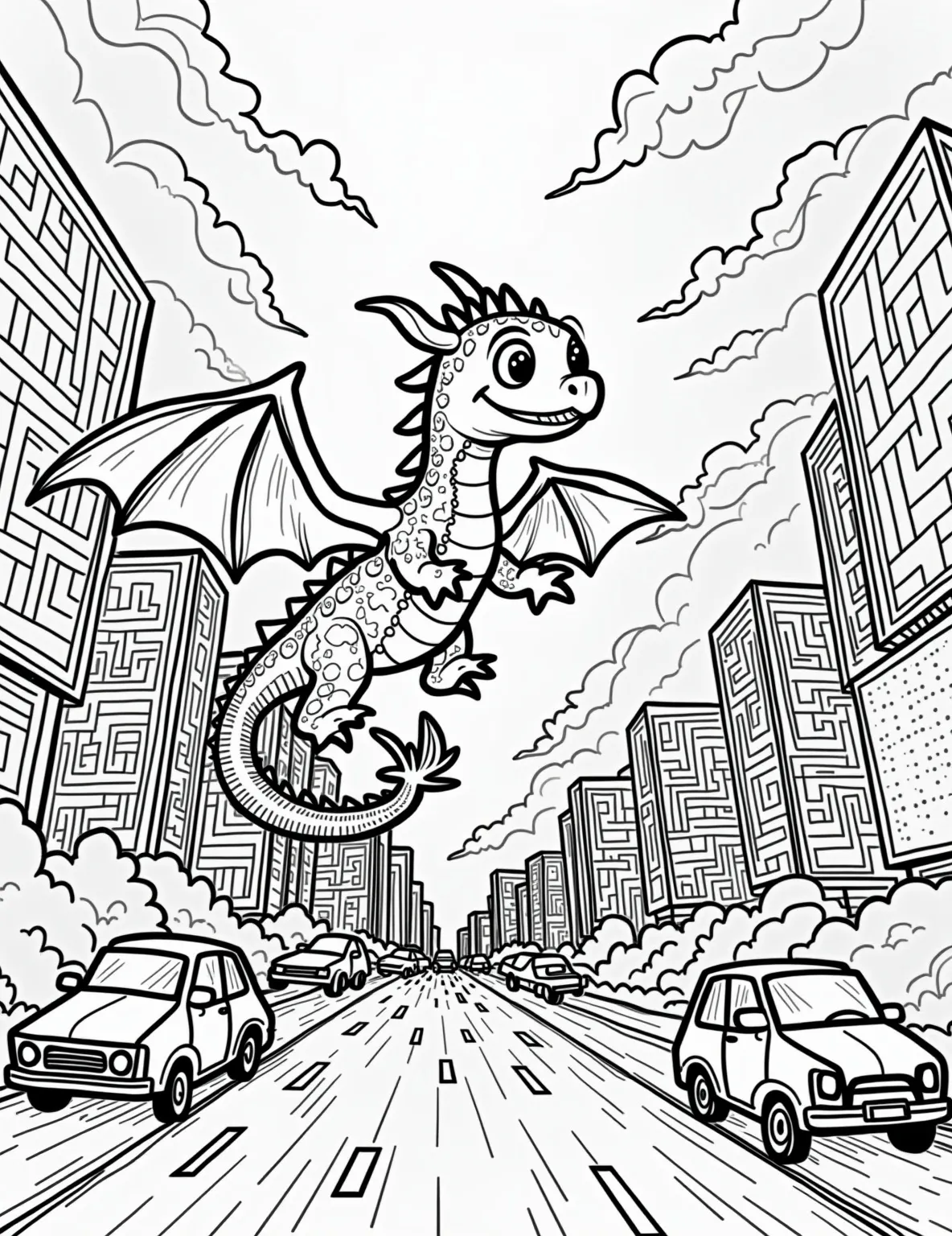 Dragon's Futuristic City Coloring Page -- prompt: "black lines only Chunky dragon soars through futuristic cityscape, thick black outlines perfect for coloring. Flying cars zip between towering skyscrapers, their shapes simplified. Holographic displays float as geometric patterns. Buildings form maze-like structures. Dragon's scales, car details, and city elements await vibrant hues. A playful, imaginative scene flat black lines, premium coloring page, coloring sheet, line drawing, Coloring Book, NO COLOR, NO SHADING, WHITE BACKGROUND. NO GRAY, BLACK AND WHITE, NO COLOR" -- Soar into the future with this imaginative coloring page set in a high-tech dragon metropolis. Flying cars zoom past sleek skyscrapers as a modern dragon navigates through holographic billboards and antigravity parks. This page offers a unique blend of fantasy and science fiction, perfect for those who love to imagine the world of tomorrow.