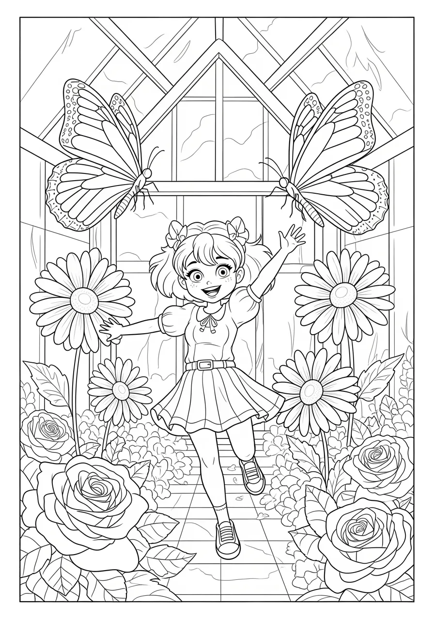Skye's Butterfly Garden Sanctuary Coloring Page -- prompt: "black lines only Skye stands joyfully among giant monarch butterflies with bold black outlines, thick-lined flowering daisies and roses, geometric greenhouse structure behind, simple cartoon-style illustration with clear boundaries for coloring, cheerful expression, large wings spread wide, playful garden scene flat black lines, premium coloring page, coloring sheet, line drawing, Coloring Book, NO COLOR, NO SHADING, WHITE BACKGROUND. NO GRAY, BLACK AND WHITE, NO COLOR" -- Flutter into Skye's special butterfly garden where she cares for these delicate, colorful creatures! This enchanting coloring page shows Skye surrounded by various butterfly species in a lush garden filled with flowers and plants. The serene nature scene combines Skye's gentle personality with the beauty of butterfly conservation.