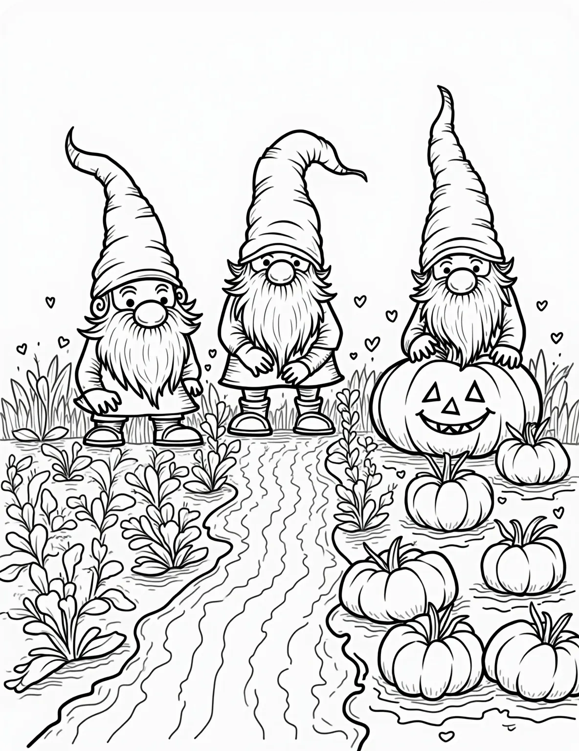 Vegetable Garden Gnomes Coloring Page -- prompt: "black lines only Cheerful gnomes tend a vibrant garden bursting with comically oversized vegetables. Plump tomatoes, towering carrots, and giant pumpkins dominate the scene. Gnomes' pointy hats peek above leafy rows. Bold outlines define each element, perfect for coloring book enthusiasts. A whimsical flat black lines, premium coloring page, coloring sheet, line drawing, Coloring Book, NO COLOR, NO SHADING, WHITE BACKGROUND. NO GRAY, BLACK AND WHITE, NO COLOR" -- Discover the magic in your garden with our Vegetable Garden Gnomes coloring page! This whimsical scene features cute gnomes tending to oversized vegetables in a lush garden setting. It's a delightful blend of fantasy and healthy eating that children will adore coloring.