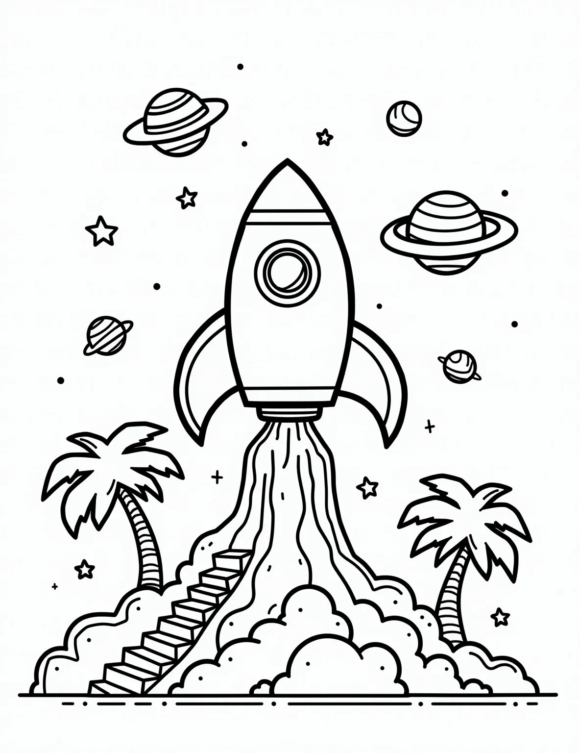 Rocket Launch Spectacular -- prompt: "black lines only Cartoon rocket with bold outlines soars skyward on a coloring page. Stylized flames and puffy smoke clouds billow beneath. Launch pad structure and nearby palm trees await coloring. Stars and planets dot the background. Child-friendly design encourages creativity and imagination in space exploration. flat black lines, premium coloring page, coloring sheet, line drawing, Coloring Book, NO COLOR, NO SHADING, WHITE BACKGROUND. NO GRAY, BLACK AND WHITE, NO COLOR" -- Capture the excitement of a space mission with this dynamic rocket launch scene. The coloring page showcases a powerful rocket blasting off from its launch pad, with flames and smoke billowing beneath. This page is ideal for those who love action and detail in their coloring adventures.