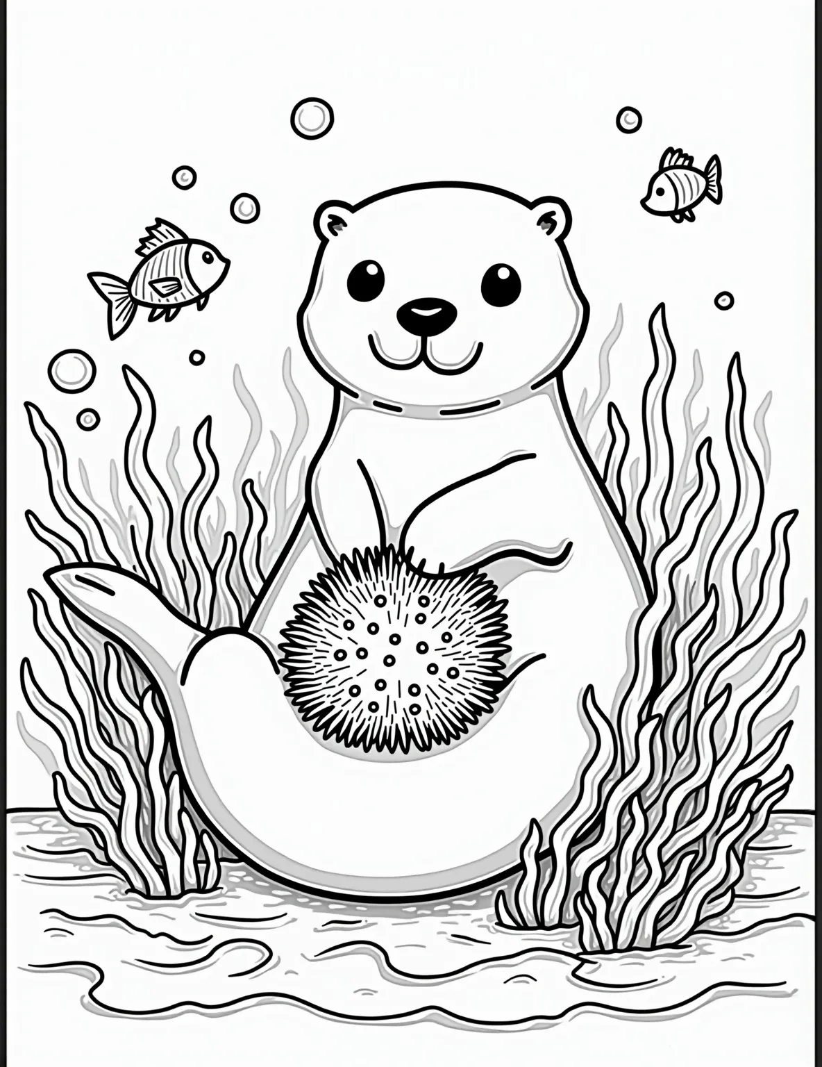 Playful Sea Otter's Kelp Bed Coloring Page -- prompt: "black lines only A playful sea otter floats on its back in a swirling kelp forest. Its belly cradles a spiky sea urchin. Cartoonish fish dart between seaweed fronds. Bold outlines define each element, creating a lively underwater scene perfect for coloring. Bubbles rise, inviting creative embellishment. flat black lines, premium coloring page, coloring sheet, line drawing, Coloring Book, NO COLOR, NO SHADING, WHITE BACKGROUND. NO GRAY, BLACK AND WHITE, NO COLOR" -- Dive into cuteness with this delightful sea otter coloring page. The charming marine mammal floating on its back among kelp fronds, clutching a sea urchin, showcases the playful nature of these ocean dwellers. Ideal for those who enjoy sea life and adorable animal scenes.