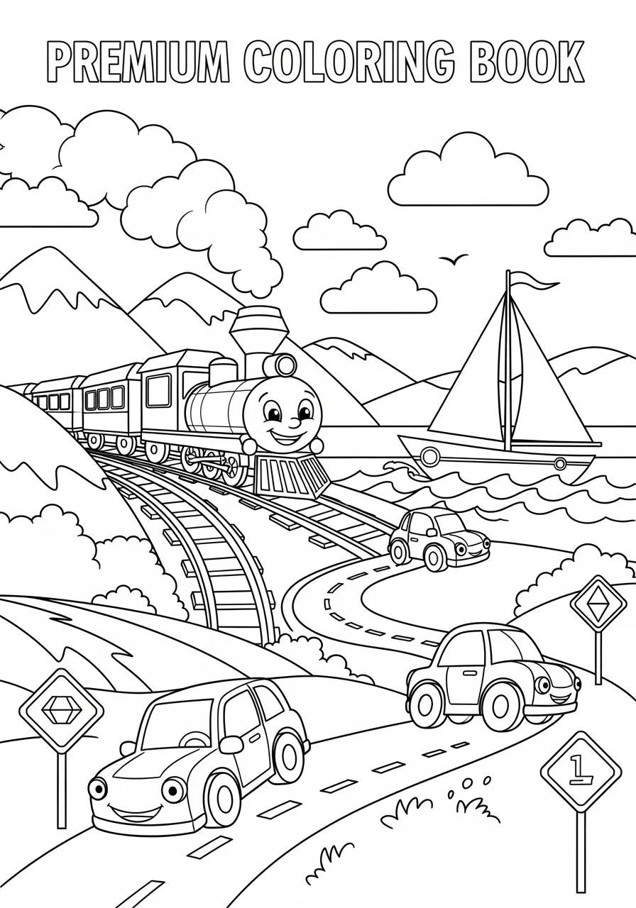 Shape Transportation Station Coloring Page -- prompt: "black lines only Cheerful transportation adventure coloring page with bold black outlines: geometric train chugging along curved tracks, triangular sailboat floating on wavy water, smiling circular-wheeled cars, diamond road signs, and puffy clouds above rolling hills flat black lines, premium coloring page, coloring sheet, line drawing, Coloring Book, NO COLOR, NO SHADING, WHITE BACKGROUND. NO GRAY, BLACK AND WHITE, NO COLOR" -- All aboard the shape express! This busy transportation scene features vehicles constructed entirely from geometric shapes. Children will spot rectangular trains, triangular sailboats, and circular wheels throughout this bustling travel hub while learning about different modes of transportation.