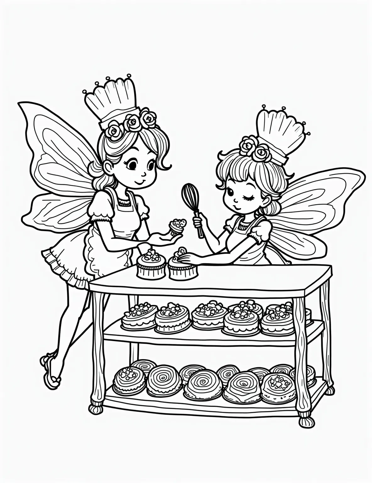 Fairy Bakery Delights Coloring Page -- prompt: "black lines only Cheerful fairy bakers in aprons, wielding tiny whisks and rolling pins, crafting delicate cupcakes from rose petals. Swirling frosting patterns, berry-dotted tarts, and honeycomb cookies fill ornate display cases. Bold outlines define whimsical shapes, inviting colorists to bring flat black lines, premium coloring page, coloring sheet, line drawing, Coloring Book, NO COLOR, NO SHADING, WHITE BACKGROUND. NO GRAY, BLACK AND WHITE, NO COLOR" -- Indulge your sweet tooth with this delightful fairy bakery coloring page. Fairies bustle about, preparing tiny cakes and pastries from flower nectar and berries. The intricate details of the sweets and baking equipment offer a fun coloring challenge.