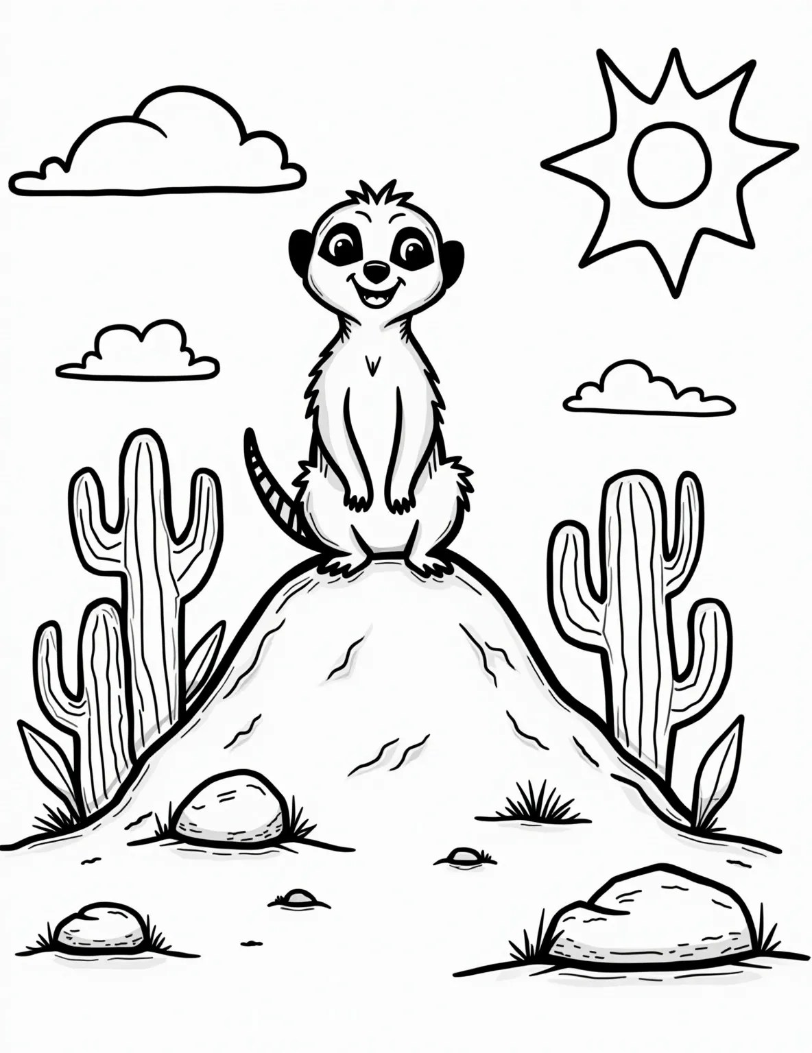 Curious Meerkat on Lookout Duty Coloring Page -- prompt: "black lines only Playful meerkat sentinel perched atop sandy mound, surrounded by simplified cacti outlines. Bold black lines define desert scene. Geometric sun rays. Empty spaces invite creative coloring. Cheerful expression on meerkat's face. Stylized rocks and paw prints scattered throughout. Whimsical cloud shapes overhead. flat black lines, premium coloring page, coloring sheet, line drawing, Coloring Book, NO COLOR, NO SHADING, WHITE BACKGROUND. NO GRAY, BLACK AND WHITE, NO COLOR" -- Stand tall with this endearing meerkat coloring page. The alert meerkat standing on its hind legs captures the vigilant nature of these social desert dwellers. Great for those who enjoy unique animals and sentinel-themed coloring pages.