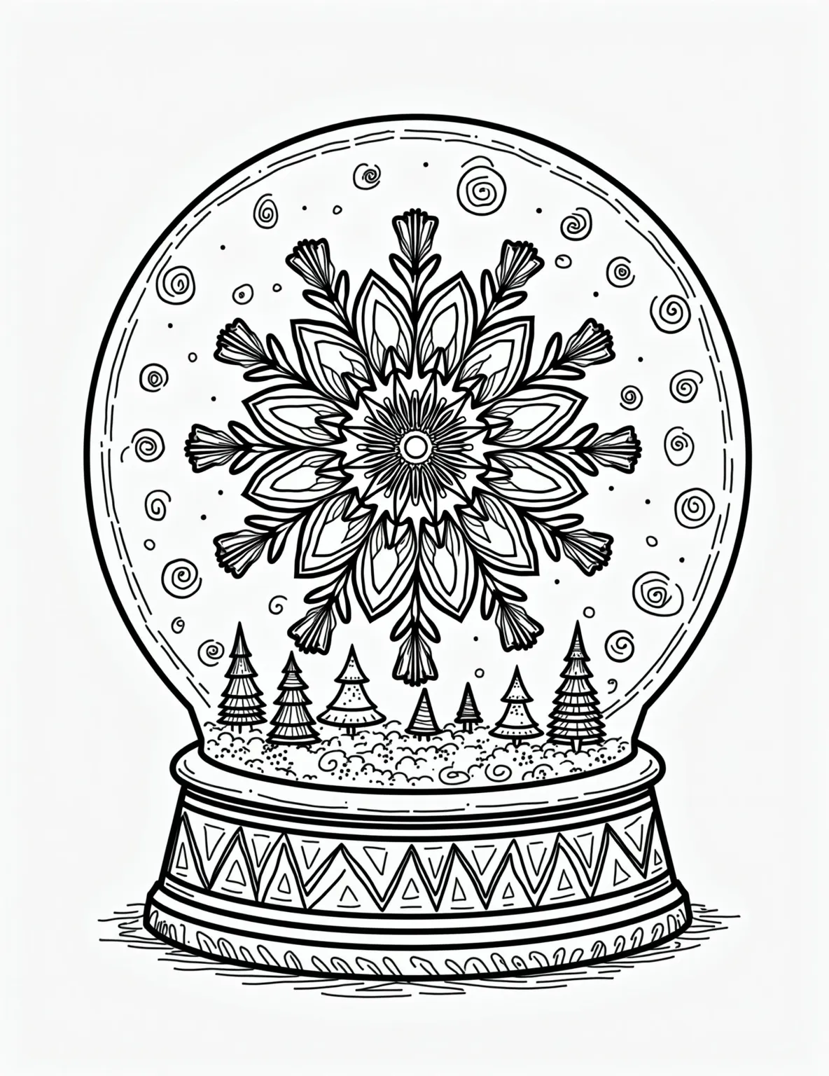 Schneekugel mit Schneeflocken-Mandala – Hinweis: „Nur schwarze Linien. Design der Malseite: Schneekugel mit kompliziertem Schneeflocken-Mandala. Kräftige Umrisse umrahmen wirbelnde kleinere Flocken. Verspielte Muster füllen den Raum und laden zur Kreativität ein. Globus-Basis mit Wintermotiven geschmückt. Fröhliche Szene fängt das Wunder des Schnees ein, perfekt für festlichen Malspaß. Stil: Lustige Malbuchseite. Flache schwarze Linien, Premium-Malseite, Malblatt, Strichzeichnung, Malbuch, KEINE FARBE, KEINE SCHATTEN, WEISSER HINTERGRUND. KEIN GRAU, SCHWARZWEISS, KEINE FARBE“ – Kombinieren Sie die meditative Qualität von Mandalas mit der Magie von Schneekugeln auf dieser einzigartigen Malseite. Ein kompliziertes Schneeflocken-Mandala bildet das Herzstück des Globus, umgeben von wirbelnden kleineren Schneeflocken. Dieses Design bietet ein beruhigendes und doch festliches Malerlebnis.