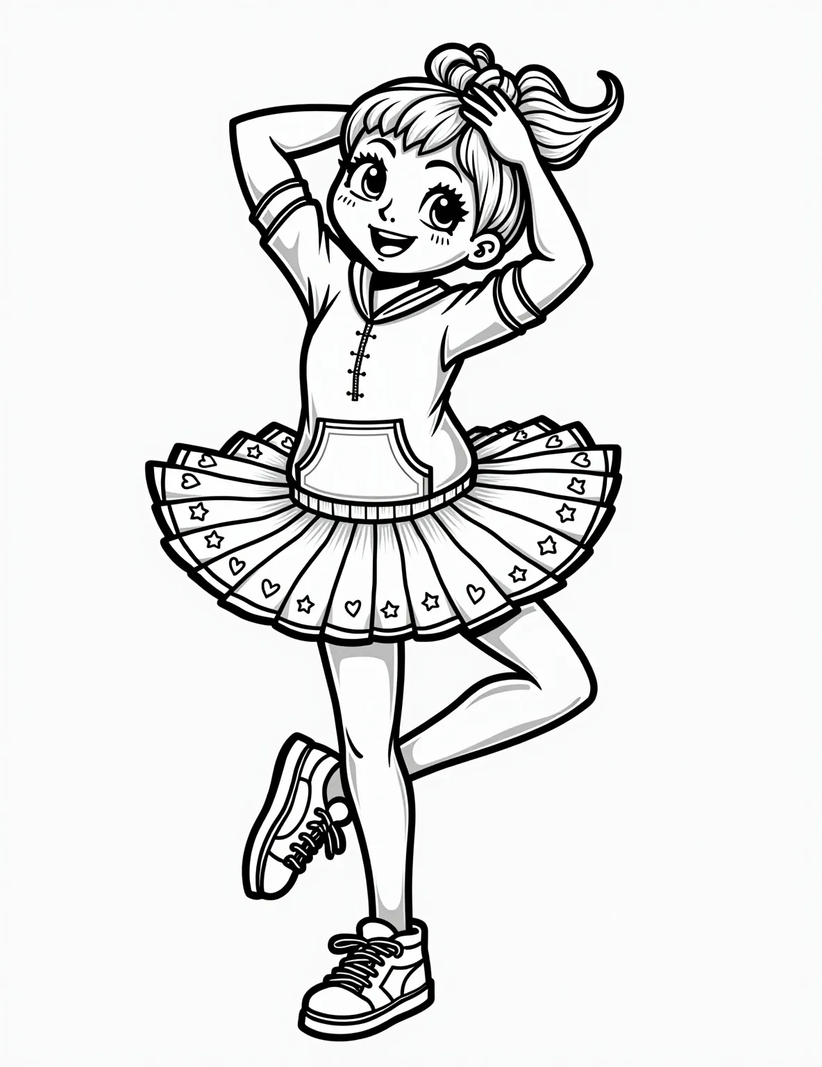 Modern Ballet Fusion Coloring Page -- prompt: "black lines only Graceful ballerina strikes modern pose, her costume a fusion of tutus and streetwear. Bold, thick outlines define her form against a blank background. Swirling patterns and geometric shapes adorn her attire. Empty spaces invite creativity, perfect for coloring enthusiasts of all ages. flat black lines, premium coloring page, coloring sheet, line drawing, Coloring Book, NO COLOR, NO SHADING, WHITE BACKGROUND. NO GRAY, BLACK AND WHITE, NO COLOR" -- This contemporary coloring page showcases a ballerina in a modern dance pose. Her costume blends traditional ballet elements with modern dance influences. The abstract background suggests movement and emotion, offering creative coloring opportunities.