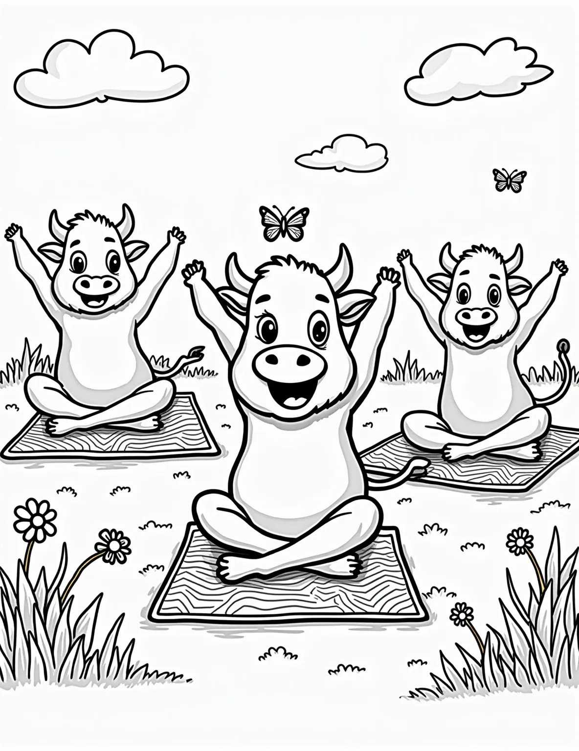 Cow Yoga Class -- prompt: "black lines only Playful cartoon cows strike yoga poses on colorful mats in a sun-drenched meadow. Bold outlines define each bovine yogi, with empty spaces awaiting vibrant hues. Daisies and butterflies dot the scene, creating a joyful, zen-inspired coloring page for all ages. flat black lines, premium coloring page, coloring sheet, line drawing, Coloring Book, NO COLOR, NO SHADING, WHITE BACKGROUND. NO GRAY, BLACK AND WHITE, NO COLOR" -- This humorous coloring page depicts a group of cows in various yoga poses. From downward dog to tree pose, these flexible bovines show that yoga isn't just for humans. It's a fun way to introduce children to yoga concepts while coloring.