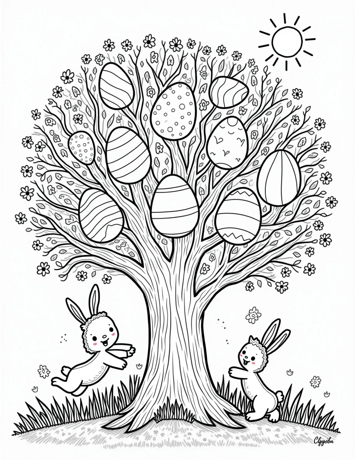 Easter Egg Tree -- prompt: "black lines only Cheerful Easter tree outline with bold, simplified shapes. Chunky branches adorned with oversized egg outlines. Smiling children and cute animals reaching up, adding more eggs. Thick lines perfect for coloring. Playful scene with grass, flowers, and a beaming sun. Fun coloring book style coloring page. flat black lines, premium coloring page, coloring sheet, line drawing, Coloring Book, NO COLOR, NO SHADING, WHITE BACKGROUND. NO GRAY, BLACK AND WHITE, NO COLOR" -- Discover the charming tradition of the Easter egg tree in this delightful coloring page. A bare tree is transformed into a colorful spectacle with branches laden with hanging decorated eggs. Children and animals gather around, adding their own egg ornaments to the festive display.