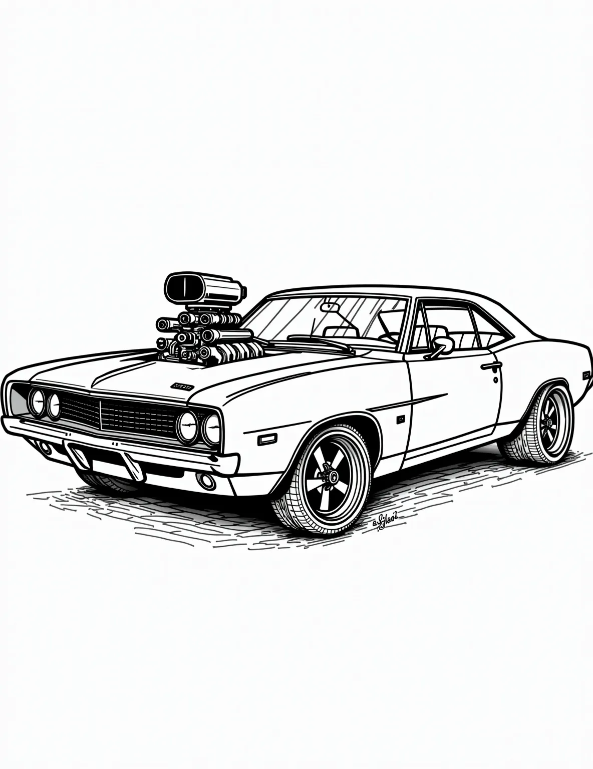 Vintage Muscle Car Show -- prompt: "black lines only Chunky outlines frame bold, simplified shapes of 1960s and 1970s muscle cars. Exaggerated curves, oversized wheels, and stylized engines peek from open hoods. Thick black lines define chrome details and period-accurate accessories. Empty spaces await vibrant colors in this nostalgic automotive coloring page. flat black lines, premium coloring page, coloring sheet, line drawing, Coloring Book, NO COLOR, NO SHADING, WHITE BACKGROUND. NO GRAY, BLACK AND WHITE, NO COLOR" -- Step back in time with this classic muscle car gathering. This coloring page features a lineup of iconic American muscle cars from the 60s and 70s, showcasing their powerful engines and sleek designs. Perfect for car enthusiasts and history buffs alike, this detailed scene will keep colorists engaged for hours.