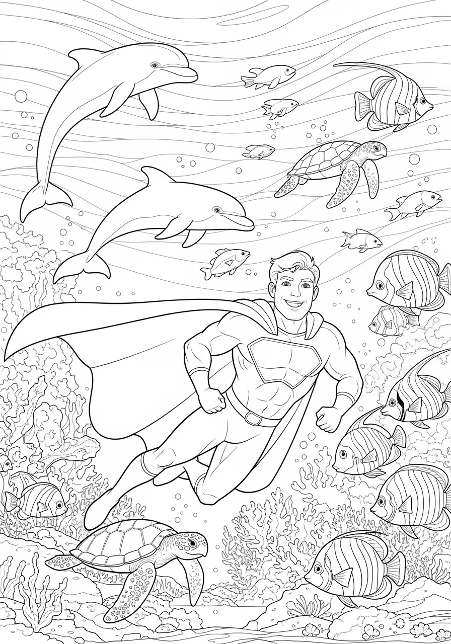 Underwater Hero Swimming with Sea Creatures Coloring Page -- prompt: "black lines only Cheerful superhero with flowing cape glides gracefully through crystal-clear ocean waters, surrounded by playful dolphins leaping joyfully and tropical fish swimming in organized schools, creating bold outlines perfect for coloring adventures flat black lines, premium coloring page, coloring sheet, line drawing, Coloring Book, NO COLOR, NO SHADING, WHITE BACKGROUND. NO GRAY, BLACK AND WHITE, NO COLOR" -- This aquatic adventure shows a superhero gracefully swimming underwater alongside friendly dolphins and tropical fish. Coral reefs, sea plants, and bubbles create a beautiful ocean environment around the water-breathing hero. The peaceful underwater scene provides a nice contrast to more action-oriented superhero pages while still showcasing special abilities.