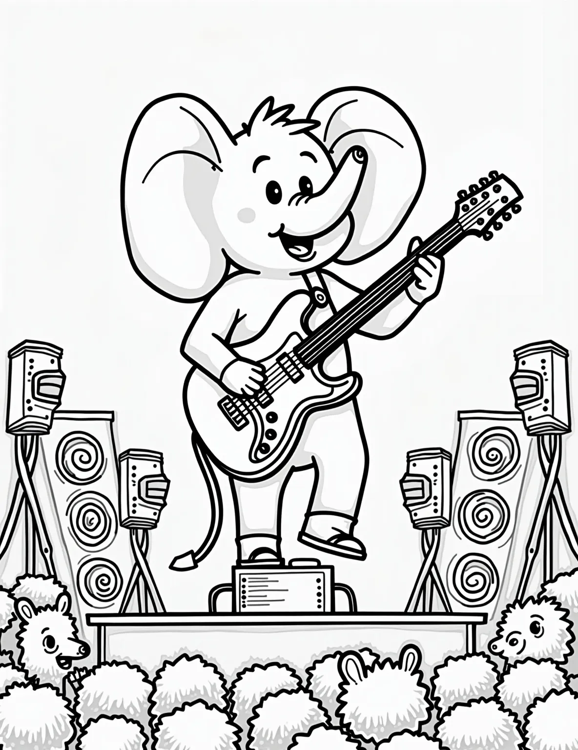 Elephant's Music Concert Coloring Page -- prompt: "black lines only Cheerful elephant rocking electric guitar on stage, bold outlines perfect for coloring. Speakers, microphones, spotlights surround, all waiting to be filled with vibrant hues. Simple shapes capture musical excitement. Crowd of animals cheering, ready for young artists to bring concert to life. flat black lines, premium coloring page, coloring sheet, line drawing, Coloring Book, NO COLOR, NO SHADING, WHITE BACKGROUND. NO GRAY, BLACK AND WHITE, NO COLOR" -- Rock on with this elephant's music concert coloring page. The elephant is shown playing an electric guitar on stage, complete with speakers and spotlights. This page is great for music lovers and those who enjoy lively, energetic scenes.