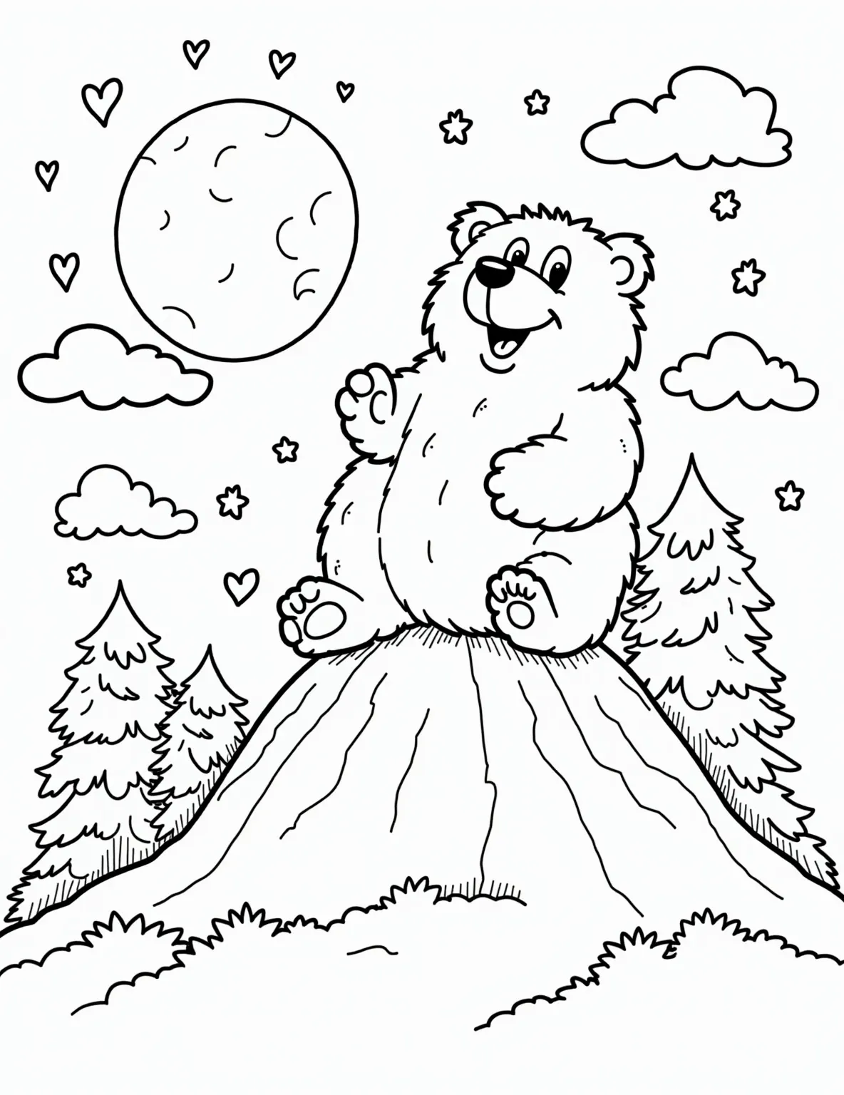 Moonlit Bear Silhouette -- prompt: "black lines only Playful coloring page: Chunky bear outline atop rounded hill, facing giant full moon. Starry sky filled with bold, simple shapes. Thick lines define fur texture. Background elements include stylized pine trees, crescent-shaped clouds. Perfect for children's creative expression and motor skill development. flat black lines, premium coloring page, coloring sheet, line drawing, Coloring Book, NO COLOR, NO SHADING, WHITE BACKGROUND. NO GRAY, BLACK AND WHITE, NO COLOR" -- Create a stunning nighttime scene with this artistic coloring page. A bear's powerful silhouette stands atop a rocky outcrop, set against a large full moon and star-studded sky. This atmospheric page allows for creative color choices and introduces concepts of light and shadow.