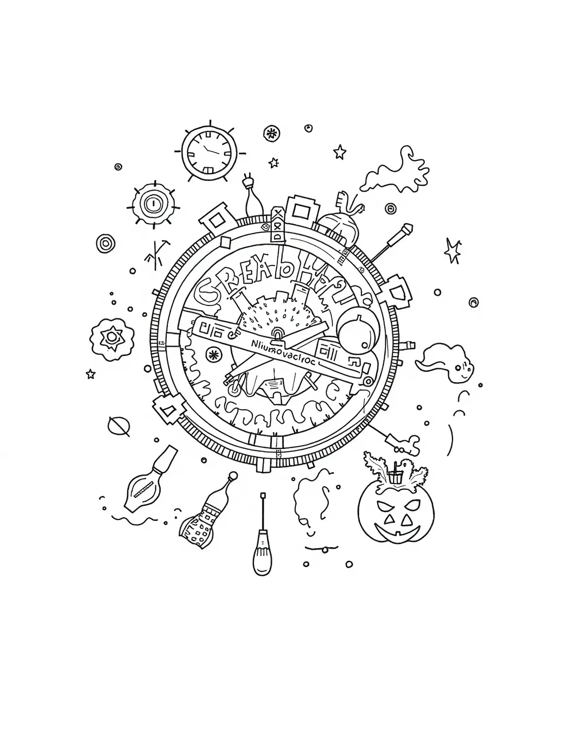 Halloween Time Machine Mayhem -- prompt: "black lines only Chunky outlines frame a whimsical steampunk time machine, gears and cogs visible. Costumed travelers from various eras explore Halloween festivities. Jack-o'-lanterns, witches, and ghosts populate scenes across time. Bold, simple shapes perfect for coloring. Spooky yet playful atmosphere throughout. flat black lines, premium coloring page, coloring sheet, line drawing, Coloring Book, NO COLOR, NO SHADING, WHITE BACKGROUND. NO GRAY, BLACK AND WHITE, NO COLOR" -- Travel through time with a Halloween twist in this wildly imaginative coloring page. A steampunk-style time machine carries costumed time travelers through portals showing Halloween celebrations from different eras. This complex scene offers a fun mix of history, science fiction, and holiday spirit, ideal for those who love intricate, story-rich coloring pages.
