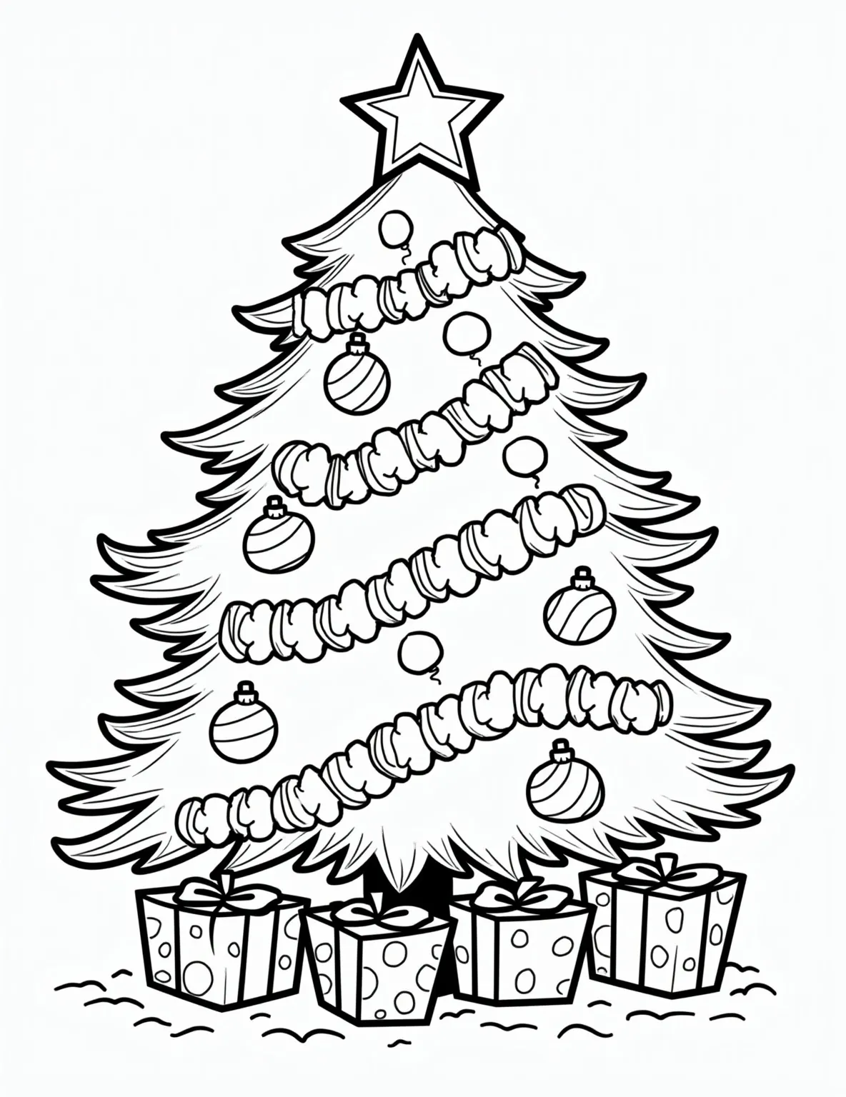 Majestic Christmas Tree Coloring Page -- prompt: "black lines only Festive Christmas tree outline with bold, chunky branches. Star-topped, adorned with oversized ornaments, candy canes, and twinkling lights. Presents nestled beneath. Thick, curvy lines perfect for coloring. Joyful holiday scene ready for creative embellishment. Cheerful, inviting design flat black lines, premium coloring page, coloring sheet, line drawing, Coloring Book, NO COLOR, NO SHADING, WHITE BACKGROUND. NO GRAY, BLACK AND WHITE, NO COLOR" -- Marvel at the grandeur of a perfectly decorated Christmas tree with this stunning coloring page. The image features a towering tree adorned with ornaments, lights, and a glowing star on top. This page is ideal for those who love to lose themselves in the intricate details of holiday decorations.