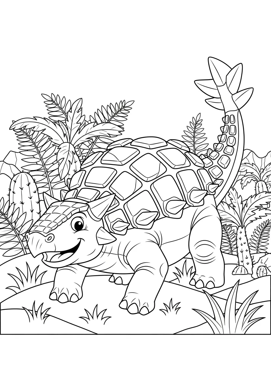 Armored Ankylosaurus Defending Territory Coloring Page -- prompt: "black lines only Friendly cartoon Ankylosaurus with thick armor plates and spiked club tail crouched defensively on rolling prehistoric plains, bold black outlines, simple shapes perfect for children's coloring, cheerful expression, surrounded by ferns and ancient plants flat black lines, premium coloring page, coloring sheet, line drawing, Coloring Book, NO COLOR, NO SHADING, WHITE BACKGROUND. NO GRAY, BLACK AND WHITE, NO COLOR" -- Discover the ultimate in dinosaur defense with this heavily armored Ankylosaurus, complete with its famous club tail and protective shell. This living tank of the dinosaur world is shown in a defensive stance, ready to protect its territory from any threat. The intricate armor plating and powerful build make this an engaging coloring challenge for detail-oriented artists.