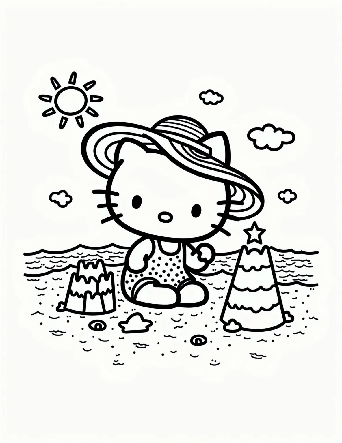 Hello Kitty's Beach Day -- prompt: "black lines only Hello Kitty's outline on a crisp white page, constructing an elaborate sandcastle. Her swimsuit and sunhat boast bold patterns. Ocean waves and a radiant sun frame the scene. Perfect for coloring, with thick lines and simple shapes capturing a joyful beach day. flat black lines, premium coloring page, coloring sheet, line drawing, Coloring Book, NO COLOR, NO SHADING, WHITE BACKGROUND. NO GRAY, BLACK AND WHITE, NO COLOR" -- Join Hello Kitty on a fun-filled day at the beach! This coloring page shows her building a sandcastle, complete with a tiny flag on top. She's wearing her cute swimsuit and sunhat, with the ocean and a bright sun in the background. It's a perfect summer scene to color and bring to life.