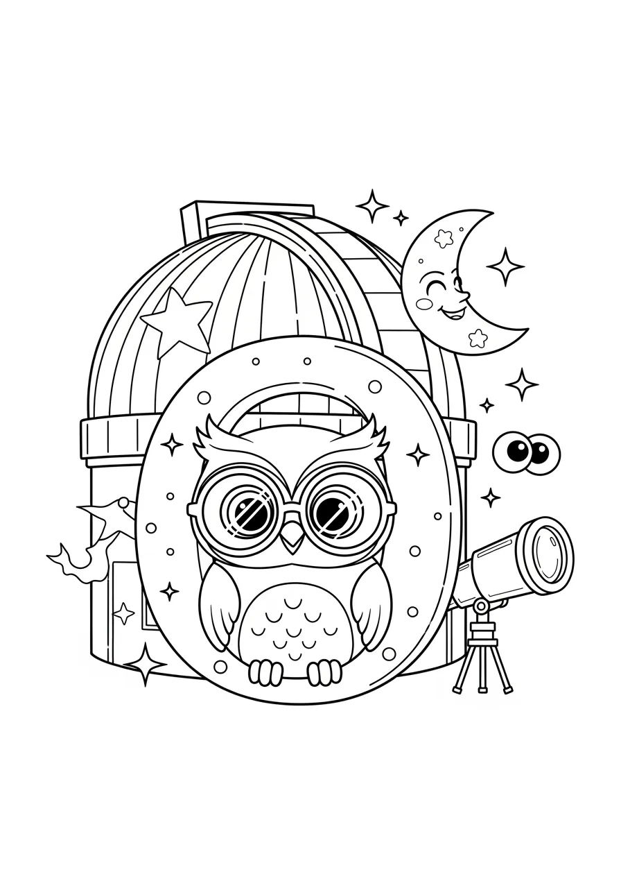 Optimistic Owl's Observatory Adventure Coloring Page -- prompt: "black lines only Fun coloring book style cartoon owl with oversized round glasses perched inside circular observatory dome forming letter O, surrounded by smiling crescent moon, twinkling star outlines, friendly telescope with eyes, bold black outlines, cheerful educational astronomy theme flat black lines, premium coloring page, coloring sheet, line drawing, Coloring Book, NO COLOR, NO SHADING, WHITE BACKGROUND. NO GRAY, BLACK AND WHITE, NO COLOR" -- Explore the night sky with this wise 'O' coloring page showcasing a scholarly owl at its observatory! The owl sits in the center of a circular telescope dome that perfectly forms the letter O. This educational scene combines astronomy with alphabet learning, inspiring young scientists and stargazers.
