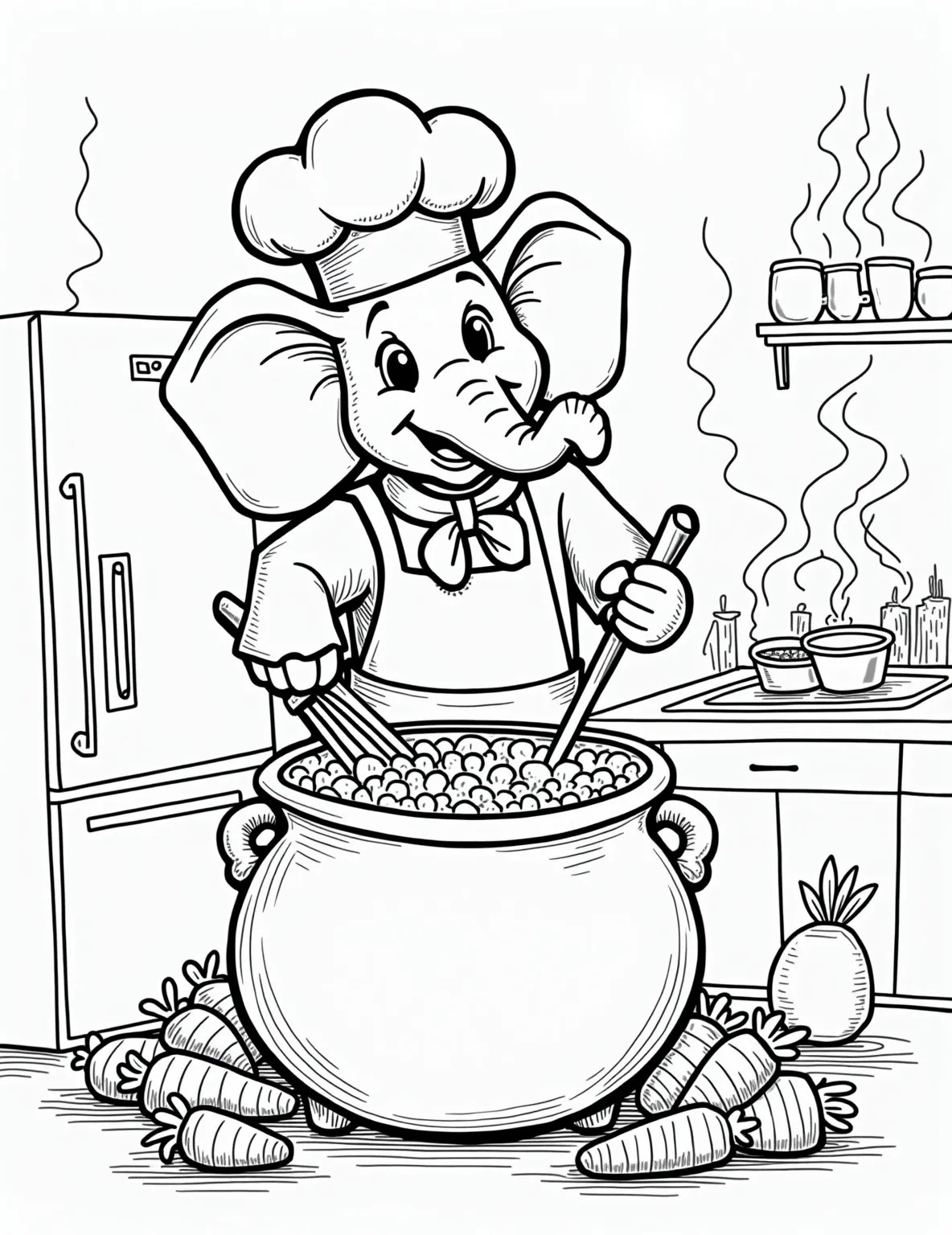 Elephant Chef in the Kitchen Coloring Page -- prompt: "black lines only Cheerful elephant chef with oversized hat and polka-dot apron, stirring giant pot. Kitchen filled with bold, simple outlines of utensils, vegetables, and appliances. Thick black lines perfect for coloring. Steam swirls and ingredient labels add playful elements. Joyful, educational scene for flat black lines, premium coloring page, coloring sheet, line drawing, Coloring Book, NO COLOR, NO SHADING, WHITE BACKGROUND. NO GRAY, BLACK AND WHITE, NO COLOR" -- Cook up some fun with this elephant chef coloring page. The elephant is wearing a chef's hat and apron, preparing a delicious meal in the kitchen. This page is great for food lovers and those who enjoy seeing animals in human-like situations.