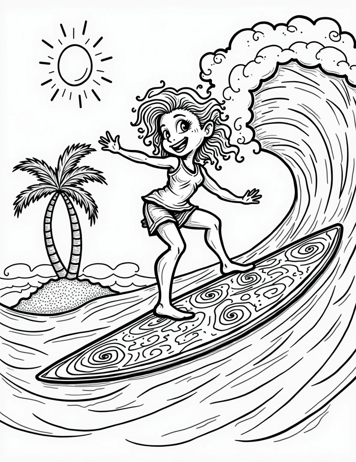 Surfer Girl's Beach Day -- prompt: "black lines only Bold outlines frame a dynamic scene: fearless girl riding colossal wave, surfboard adorned with playful patterns. Stylized palm trees sway, sun dips below horizon. Exaggerated curves, simple shapes perfect for coloring. Ocean spray, hair flowing, capturing joyous energy of surfing adventure. flat black lines, premium coloring page, coloring sheet, line drawing, Coloring Book, NO COLOR, NO SHADING, WHITE BACKGROUND. NO GRAY, BLACK AND WHITE, NO COLOR" -- Catch the waves with this cool surfer girl coloring page. The young beach enthusiast is shown riding a big wave, her surfboard decorated with fun patterns. Palm trees and a sunset in the background complete this tropical scene.